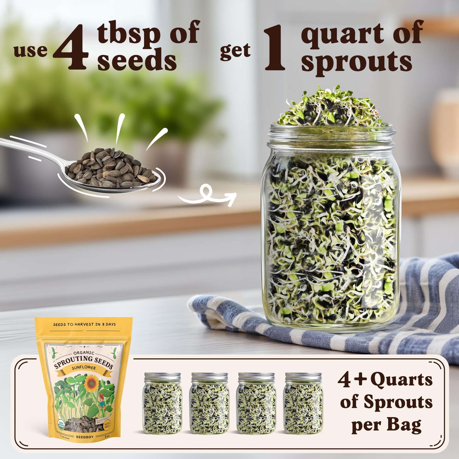 Organic Sunflower Sprouting Seeds Mix – Non-GMO, Grows 5 Quarts of Microgreens