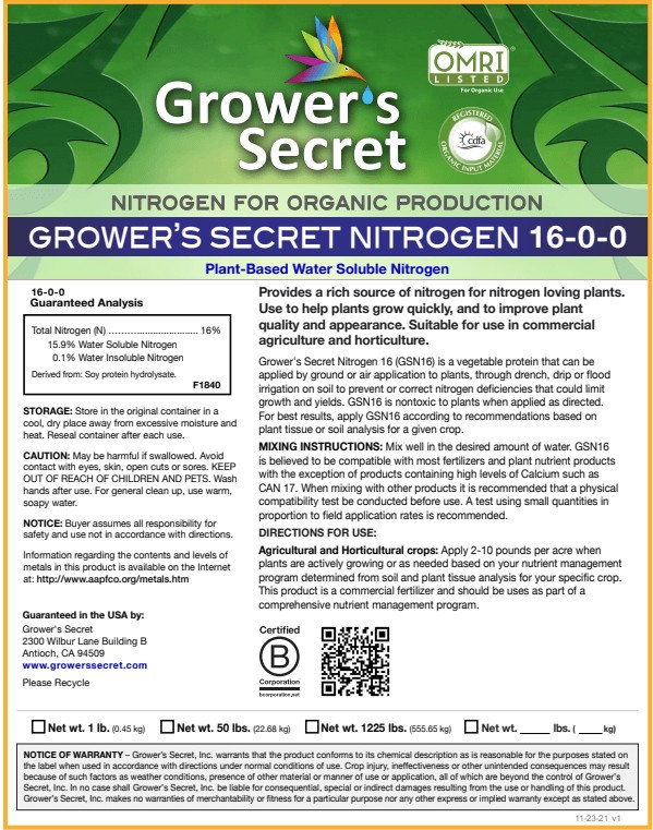Grower’s Secret Nitrogen 16-0-0 • Organic • Readily Available For Uptake • 1 Lb