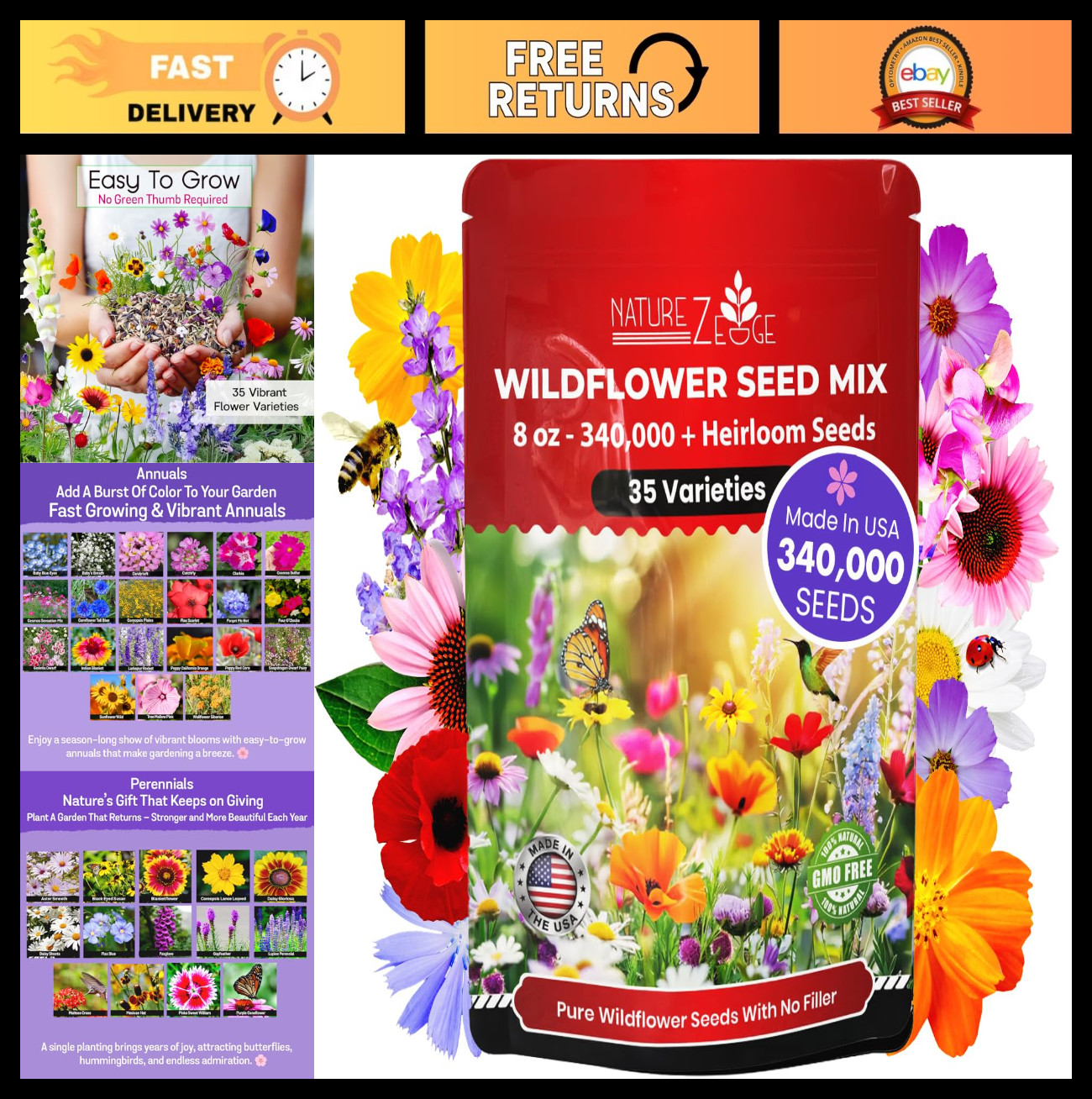 Wildflower Seeds Bulk 1/2 lb – 340,000 Seeds, 35 Varieties Perennial & Annual