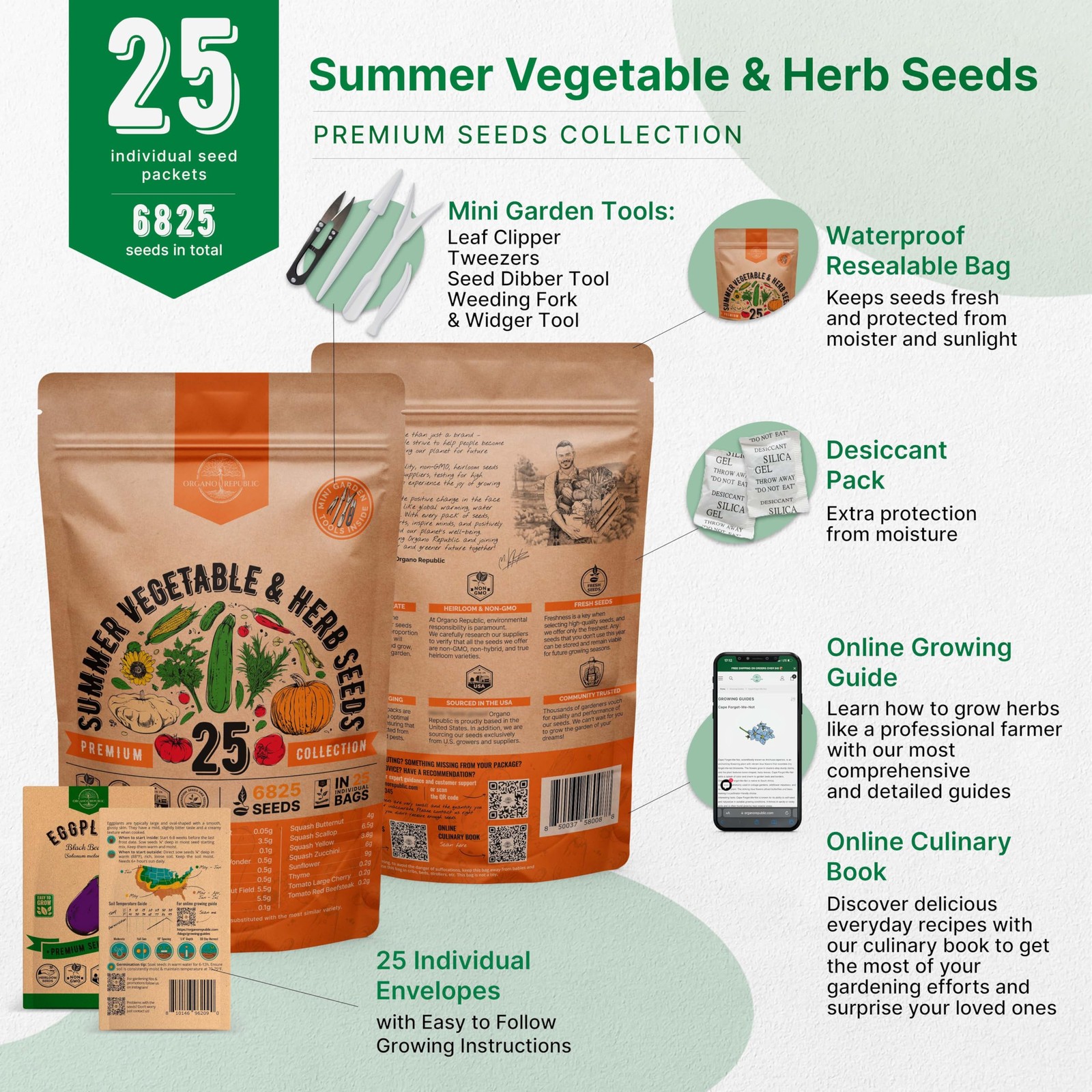 25 Summer Vegetable & Herb Garden Seeds Variety Pack – 6820+ Non-GMO Heirloom…