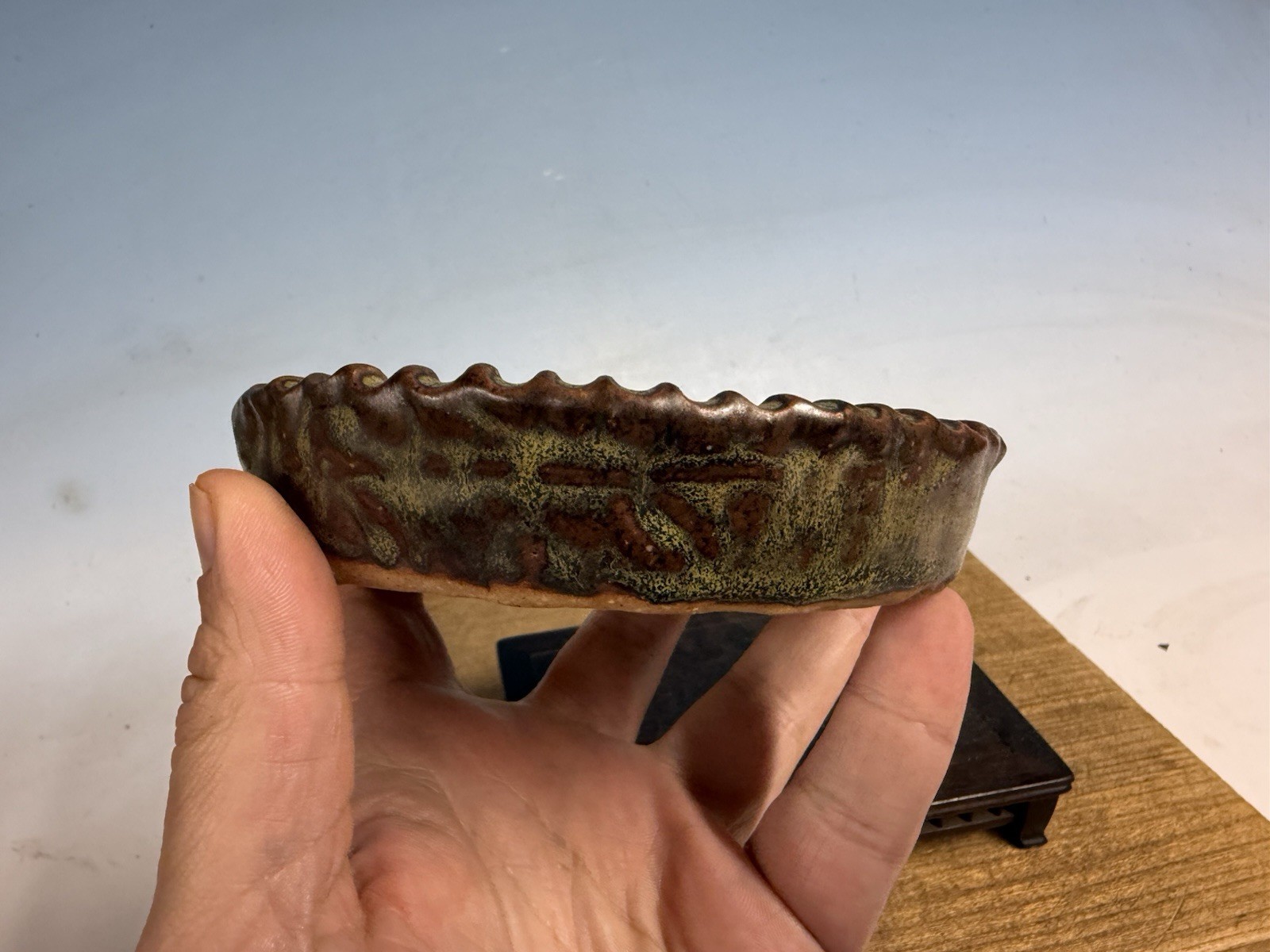 Japanese Unknown Maker Shohin Bonsai Tree Pot 5 1/4 By 1 1/8” Unique Glazed!