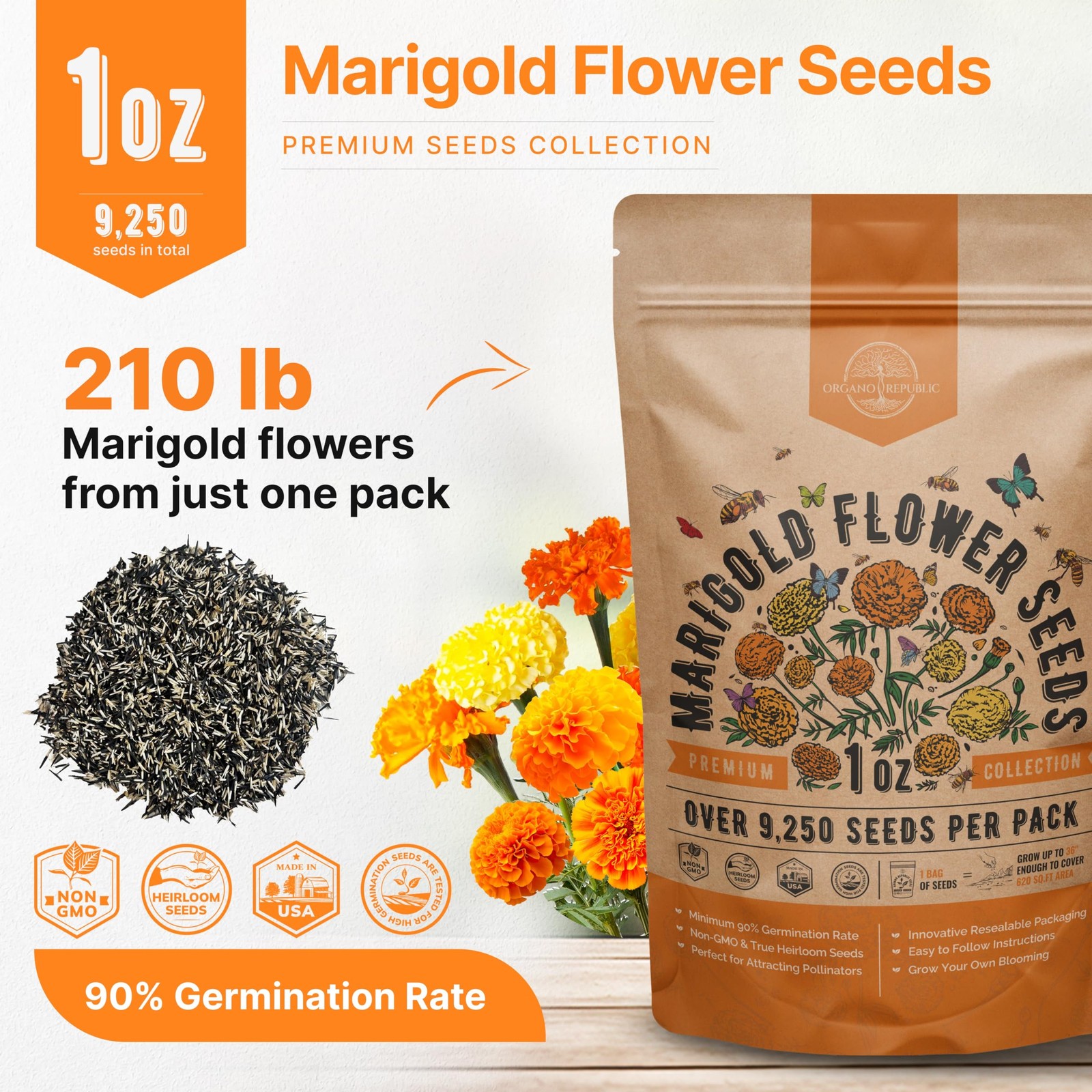 Marigold Seeds Pack 1 oz – Over 1oz, Orange, Yellow, Red, Green