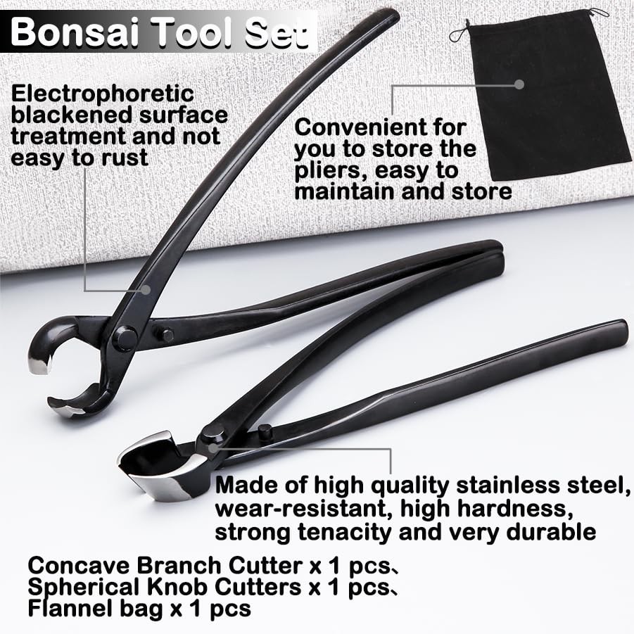 LEONTOOL Bonsai Tool Set – 8″ Concave Cutters and Spherical Knob Black