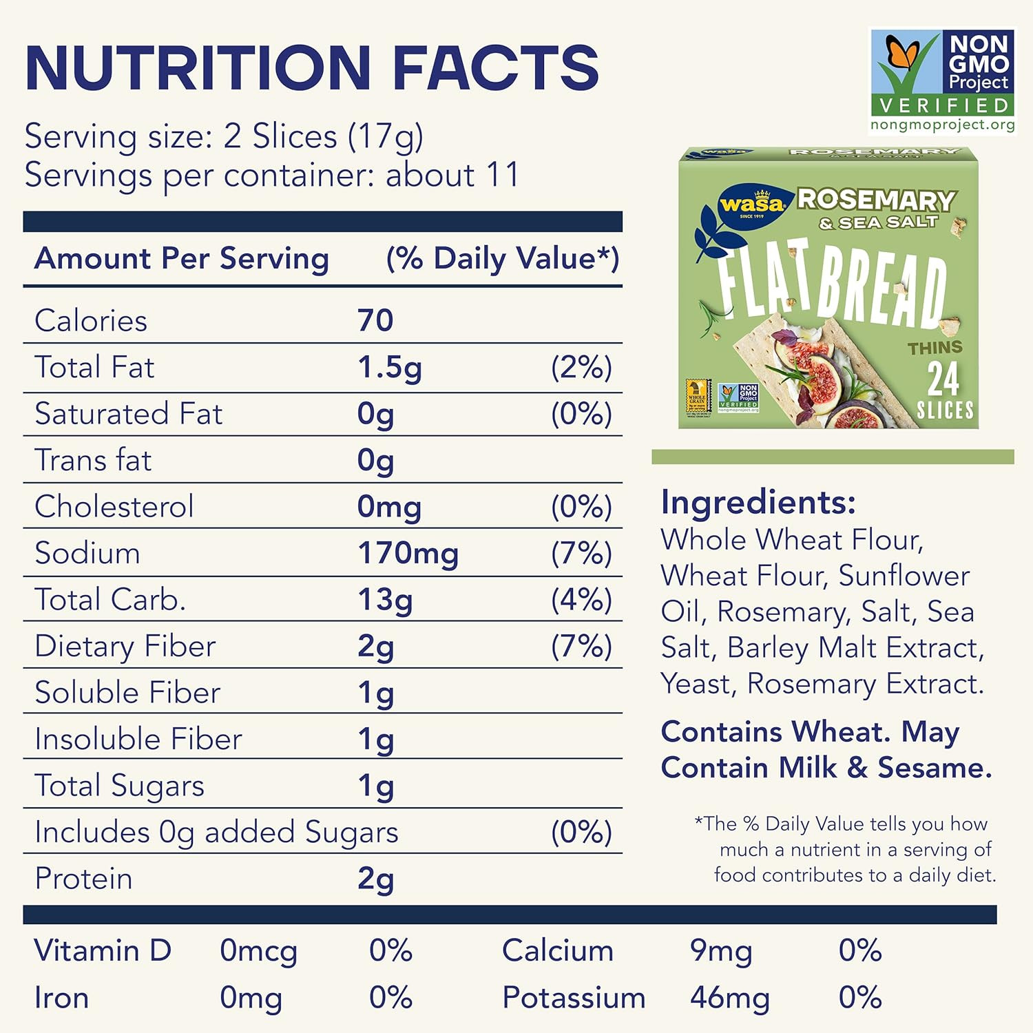 Wasa Rosemary & Sea Salt Flatbread Thins, 6.7 Oz (Pack of 10), Crackers, Non-Gmo