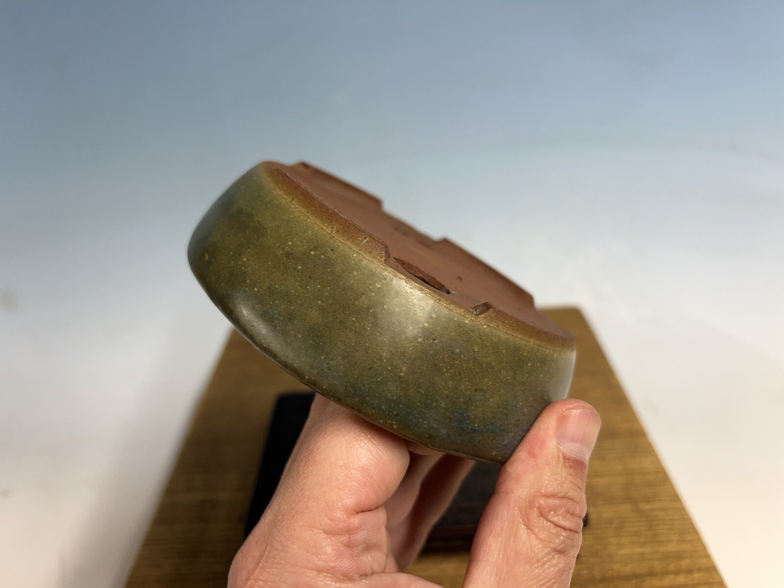 Green Blue Glazed Shohin Size Tokoname Bonsai Tree Pot Yozan 5 5/8” Great Patina