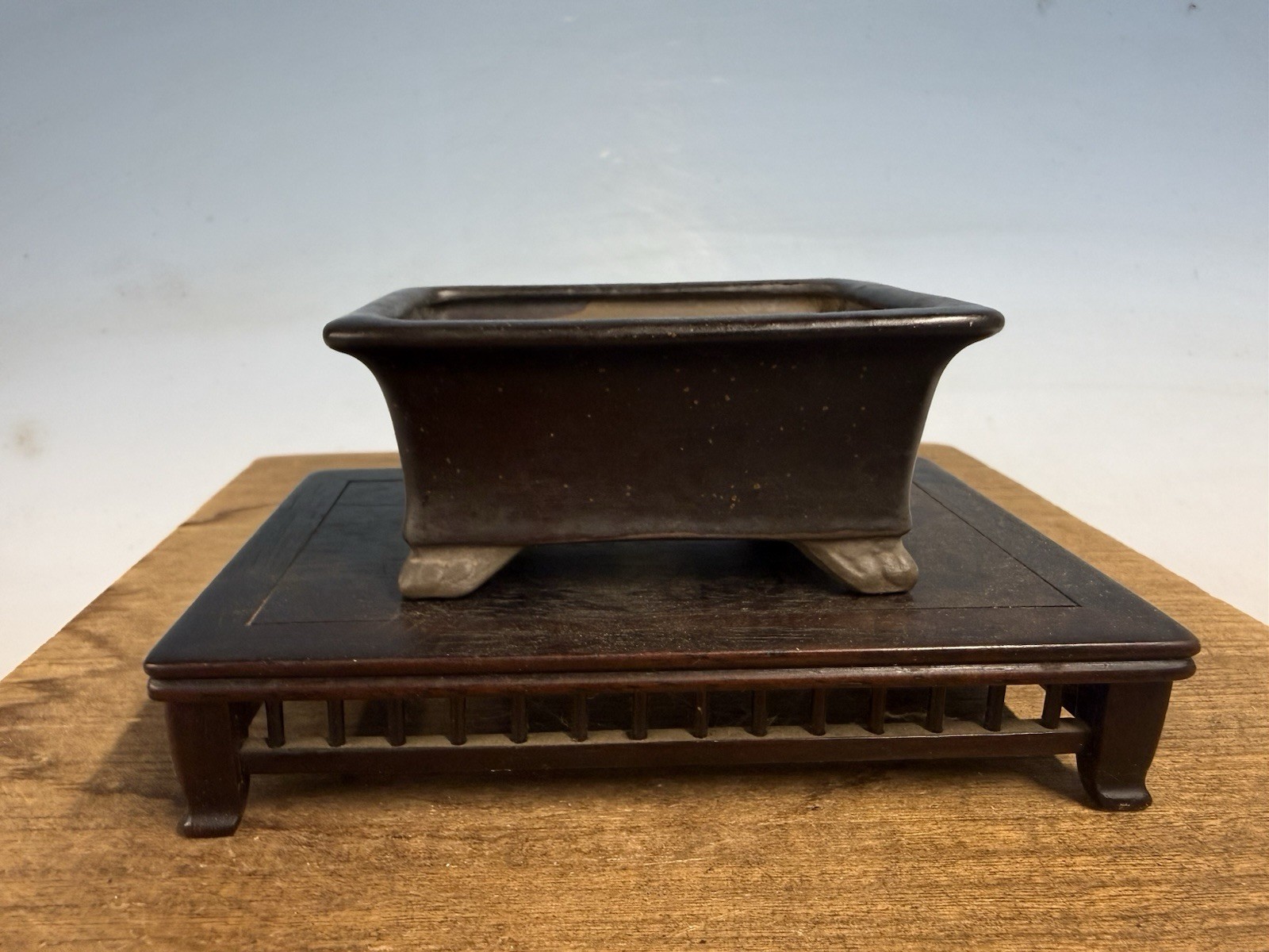 Japanese Unknown Maker Shohin Bonsai Tree Pot 3 7/8” Dark Blue Glazed