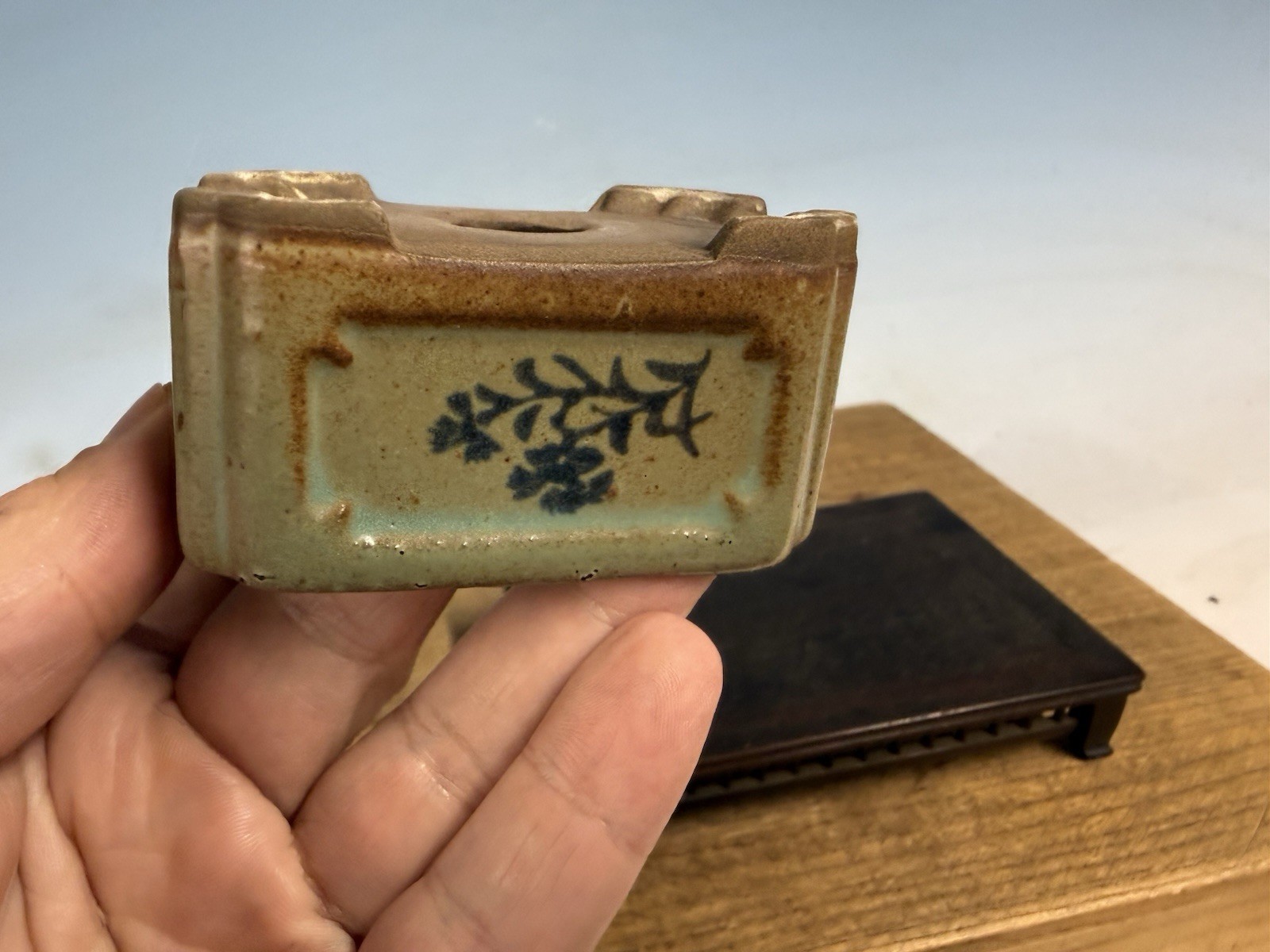 Japanese Unknown Maker Shohin Bonsai Tree Pot 3” Glazed With Motif #1