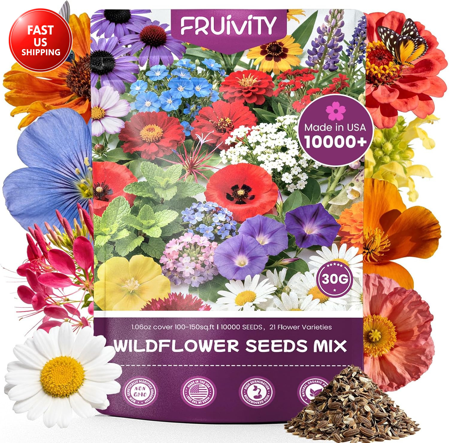 Wildflower Seeds Bulk 10000+, 1.06Oz Butterfly Hummingbird Mix, 21 Variety Peren