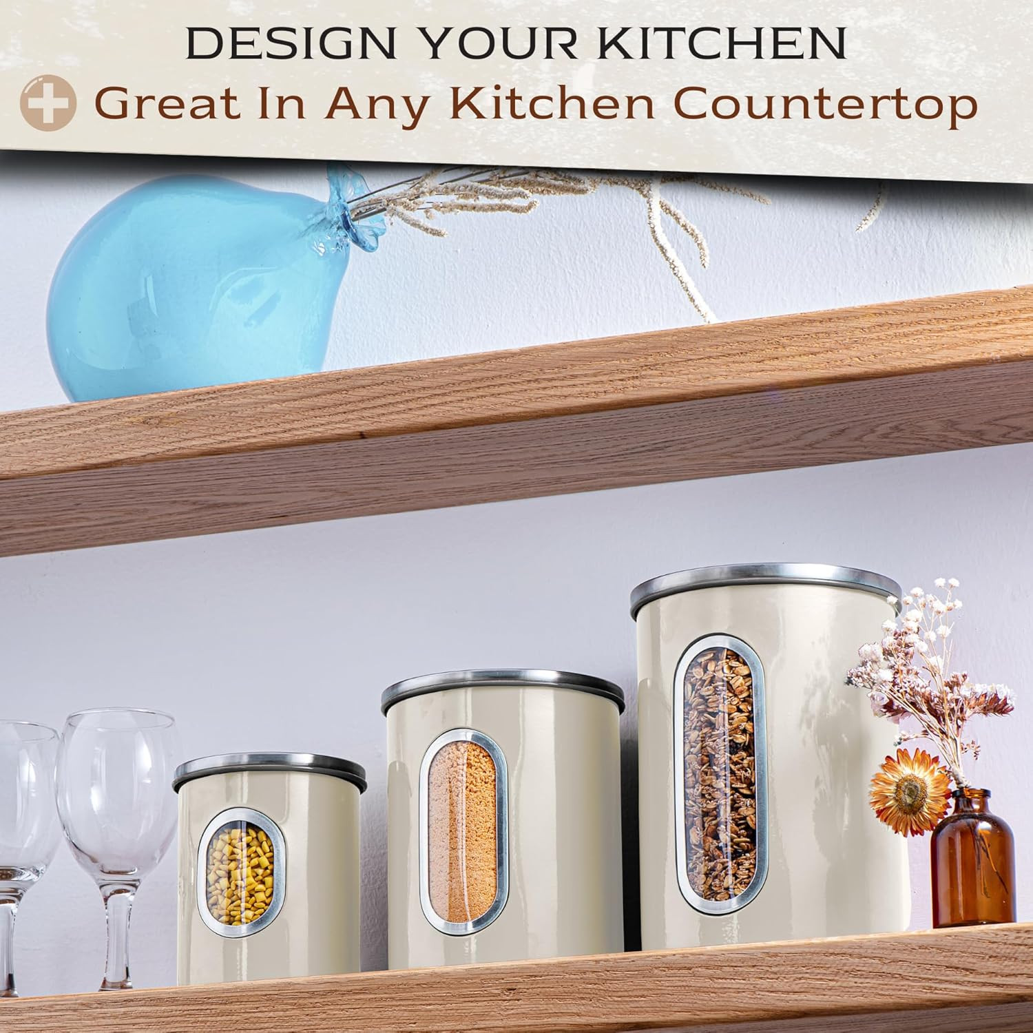 Moss & Stone 3-Piece Beige Canisters Sets for the Kitchen, Airtight Canister Set