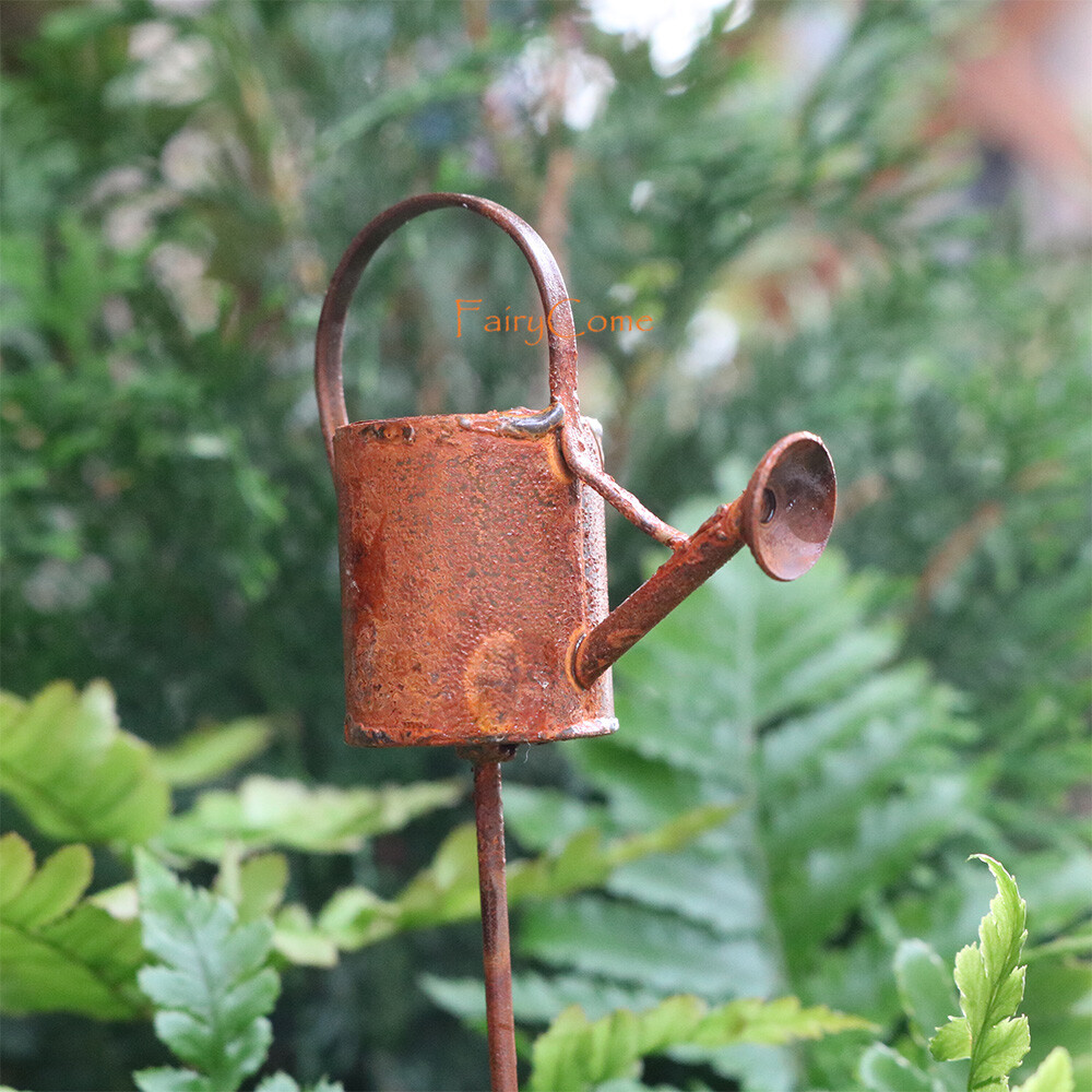 Vintage Rustic Watering Can Pick Miniature Fairy Garden Decor Dollhouse Craft