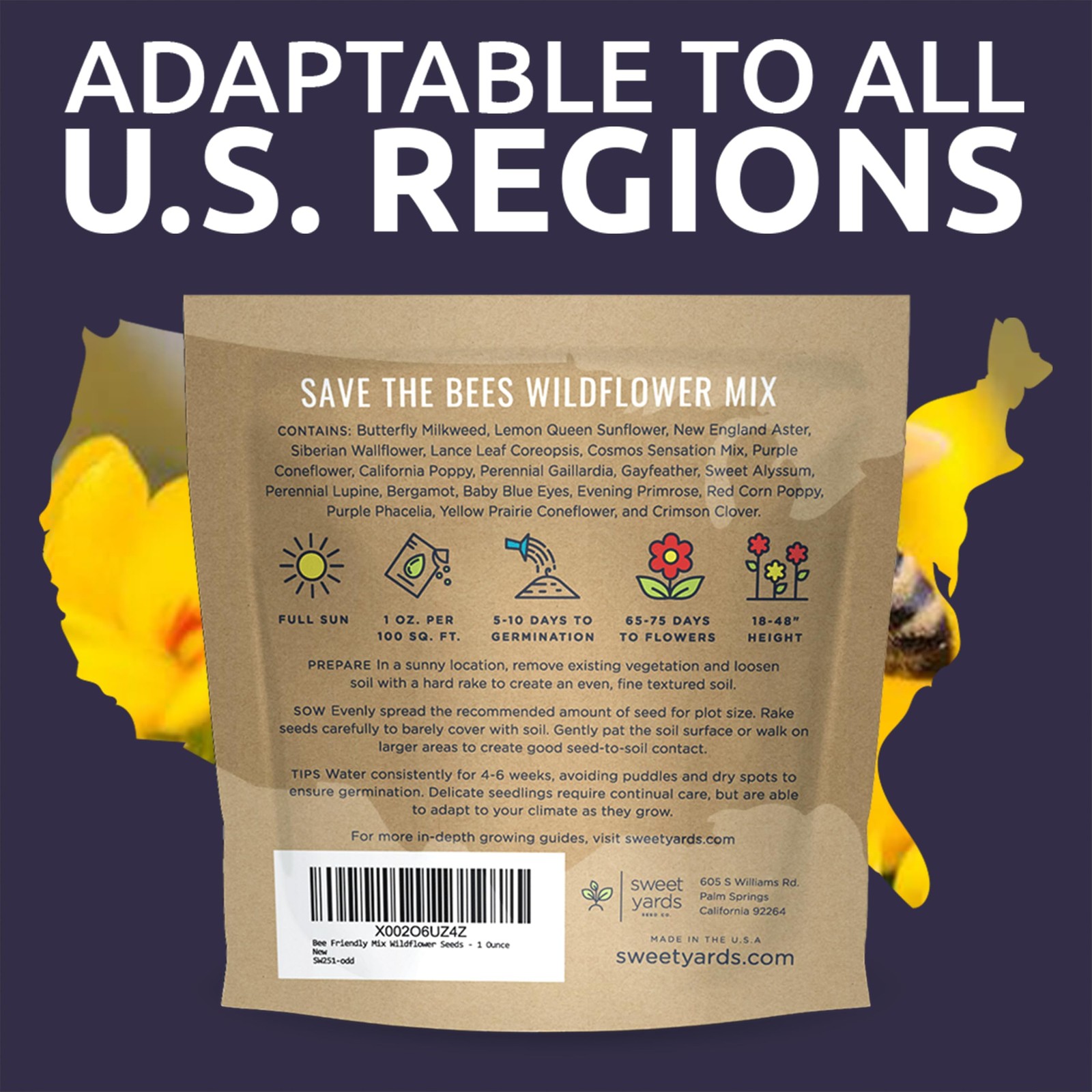 Wildflower Seed Mix Bulk 1 Ounce Packet 7500 Open Pollinated For Bees Butterflie