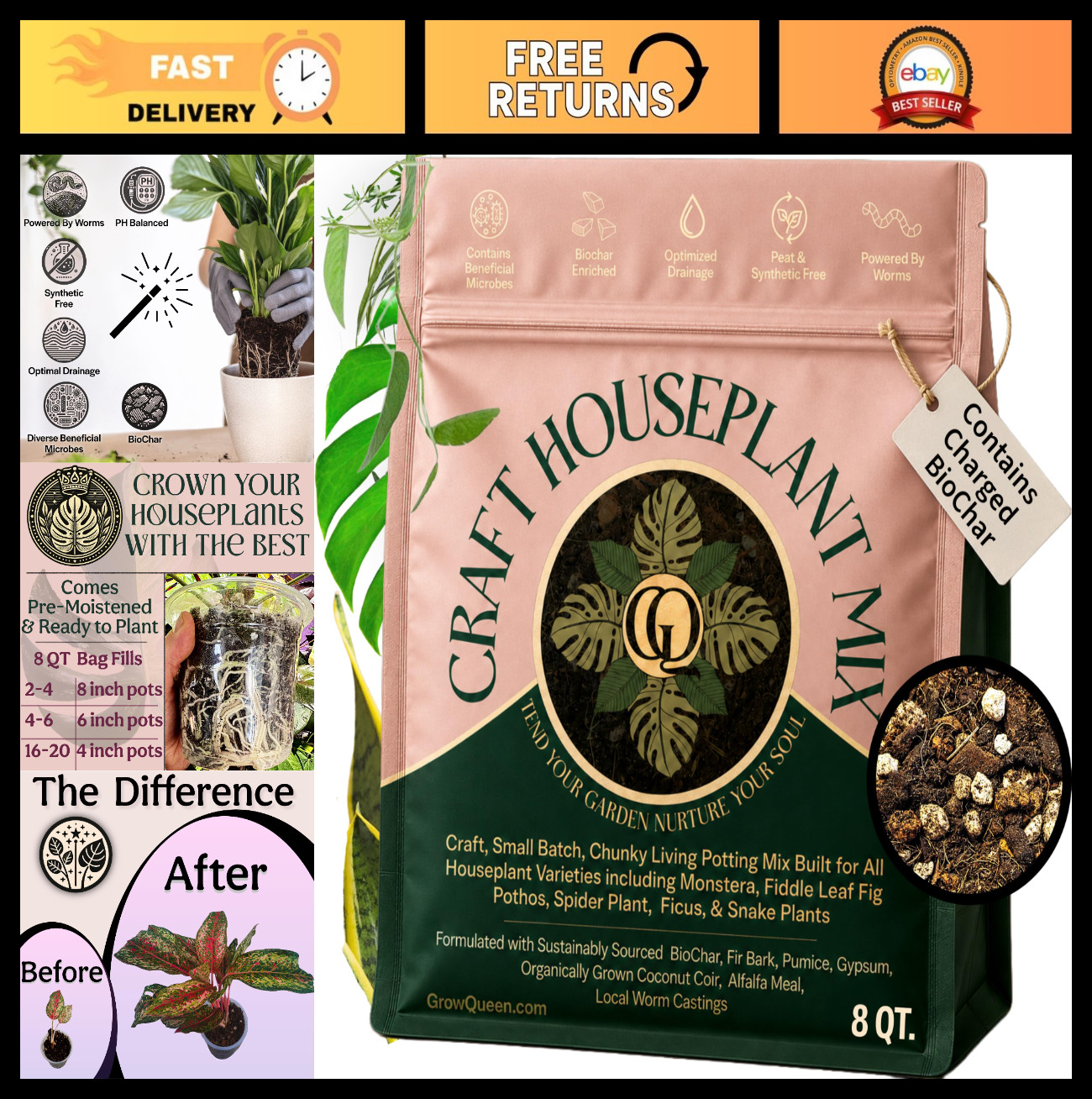 Organic Potting Mix for Indoor Plants – Well Draining, Chunky Soil, Peat Free, 8
