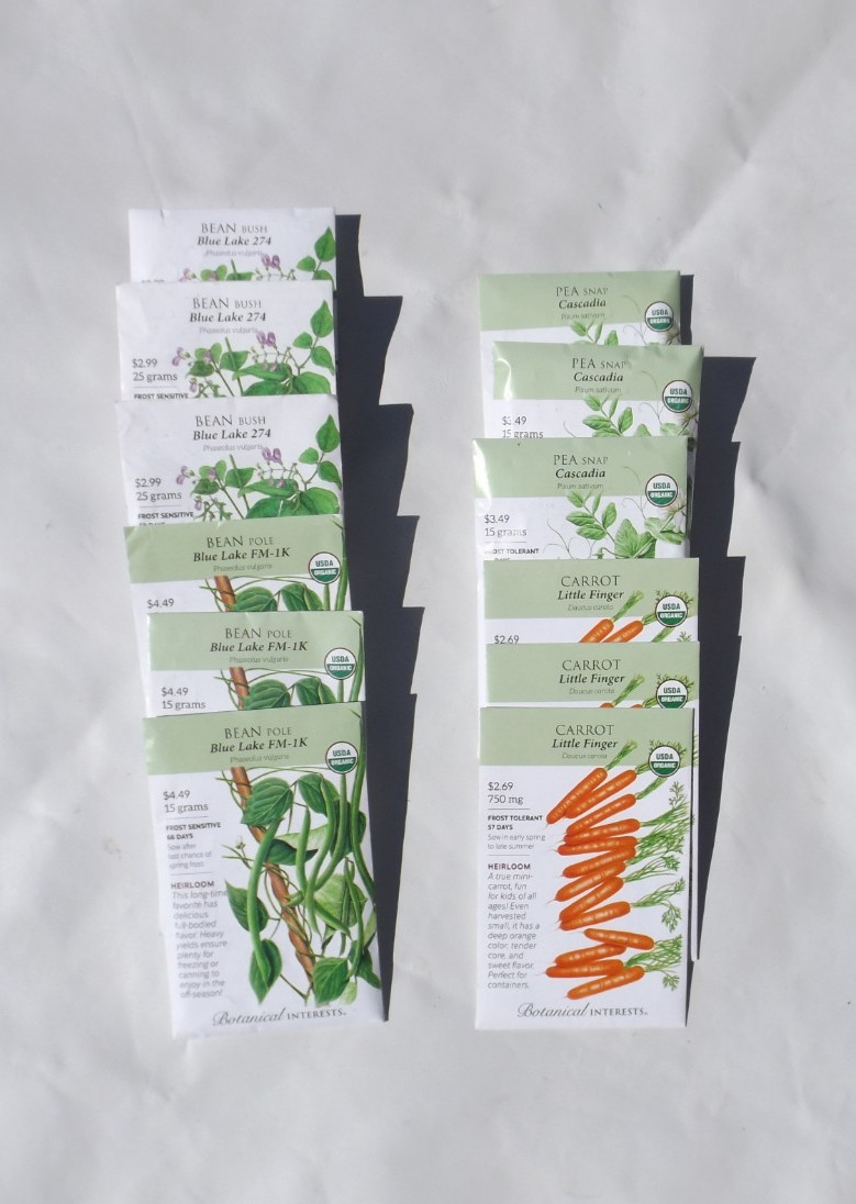 Lot #4. 12 packs Botanical Interests seeds, Blue Lake Bean , Carrots, Snap Peas