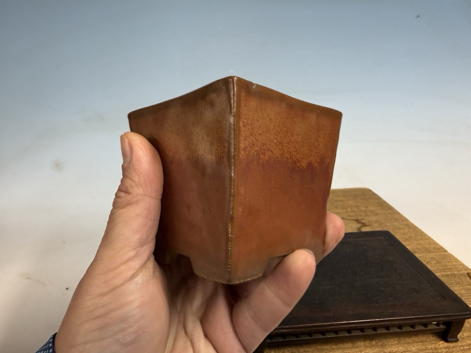 Japanese Unknown Maker Shohin Sized Bonsai Tree Pot 3 1/4 By 3” Red Glazed Semi