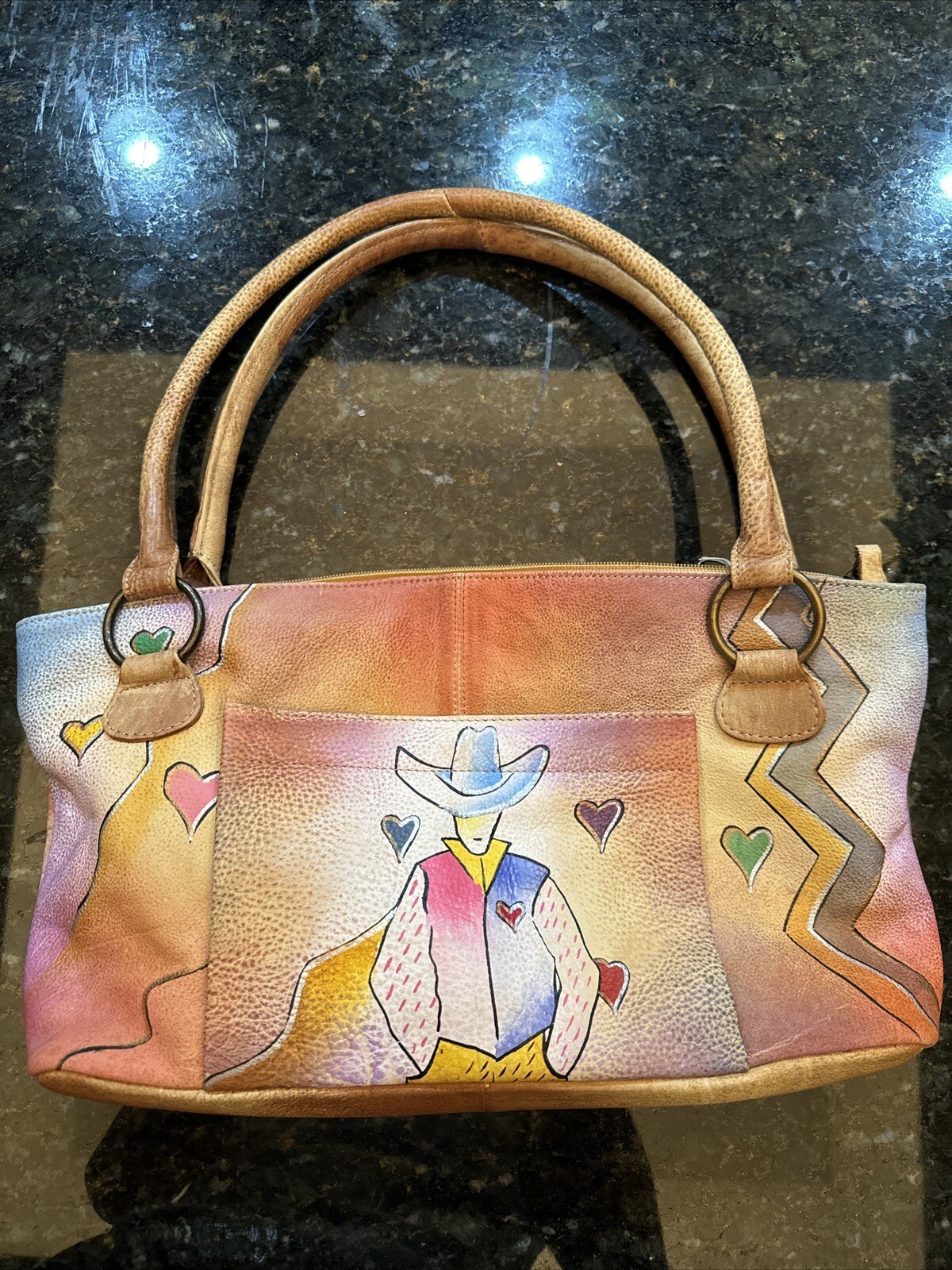 Leather purse with hand painted cow boy and hearts, beige, blue, one of a kind