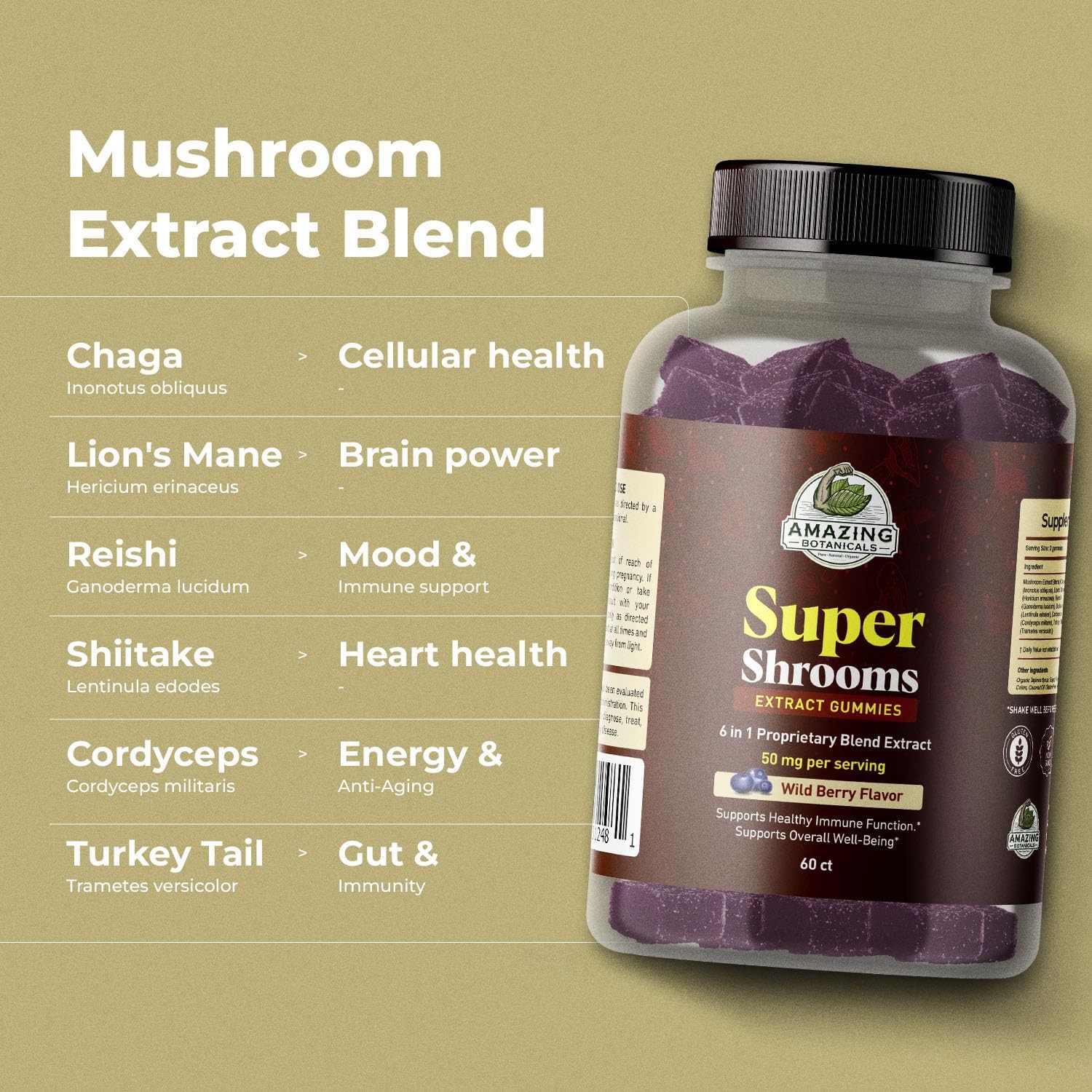 Super Shrooms 6 in 1 Organic Mushroom Wellness Gummies – 60 Count (Pack of 1)