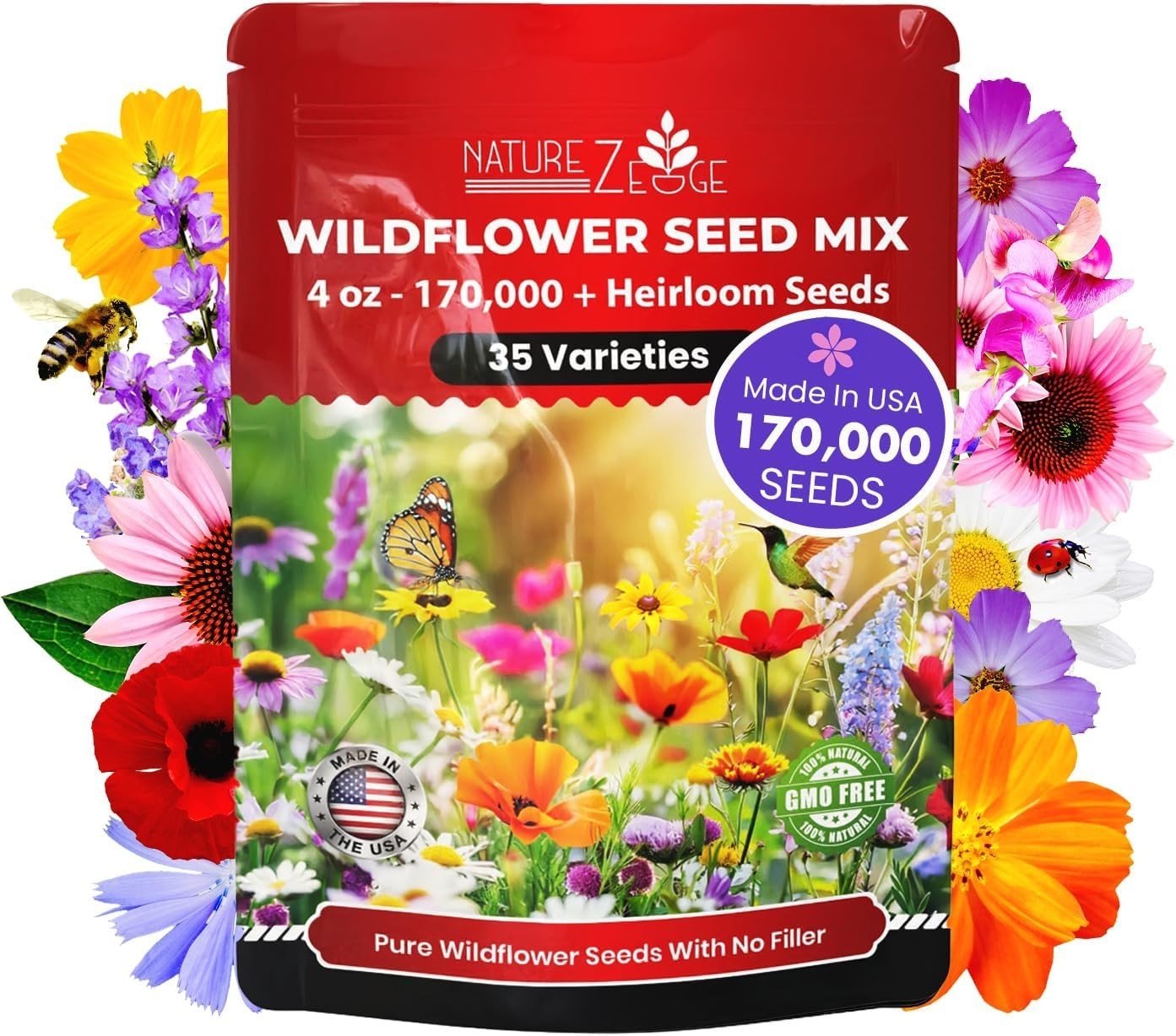Attracts Pollinators Wildflower Seeds – 1/4 lb, 35 Varieties