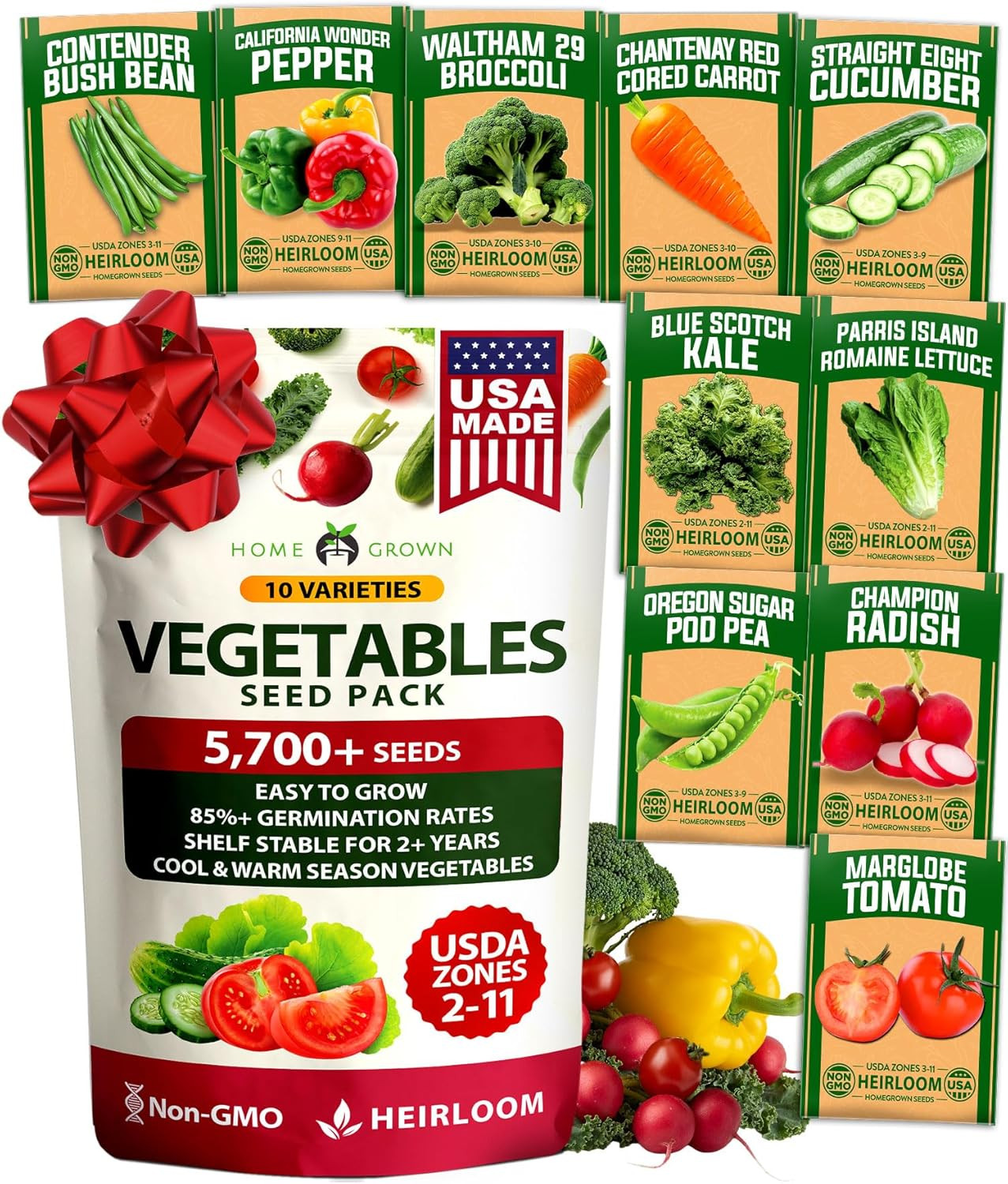 HOME GROWN 10 Variety Survival Seed Vault 5,700+ USA Grown Heirloom Non-Gmo Vege