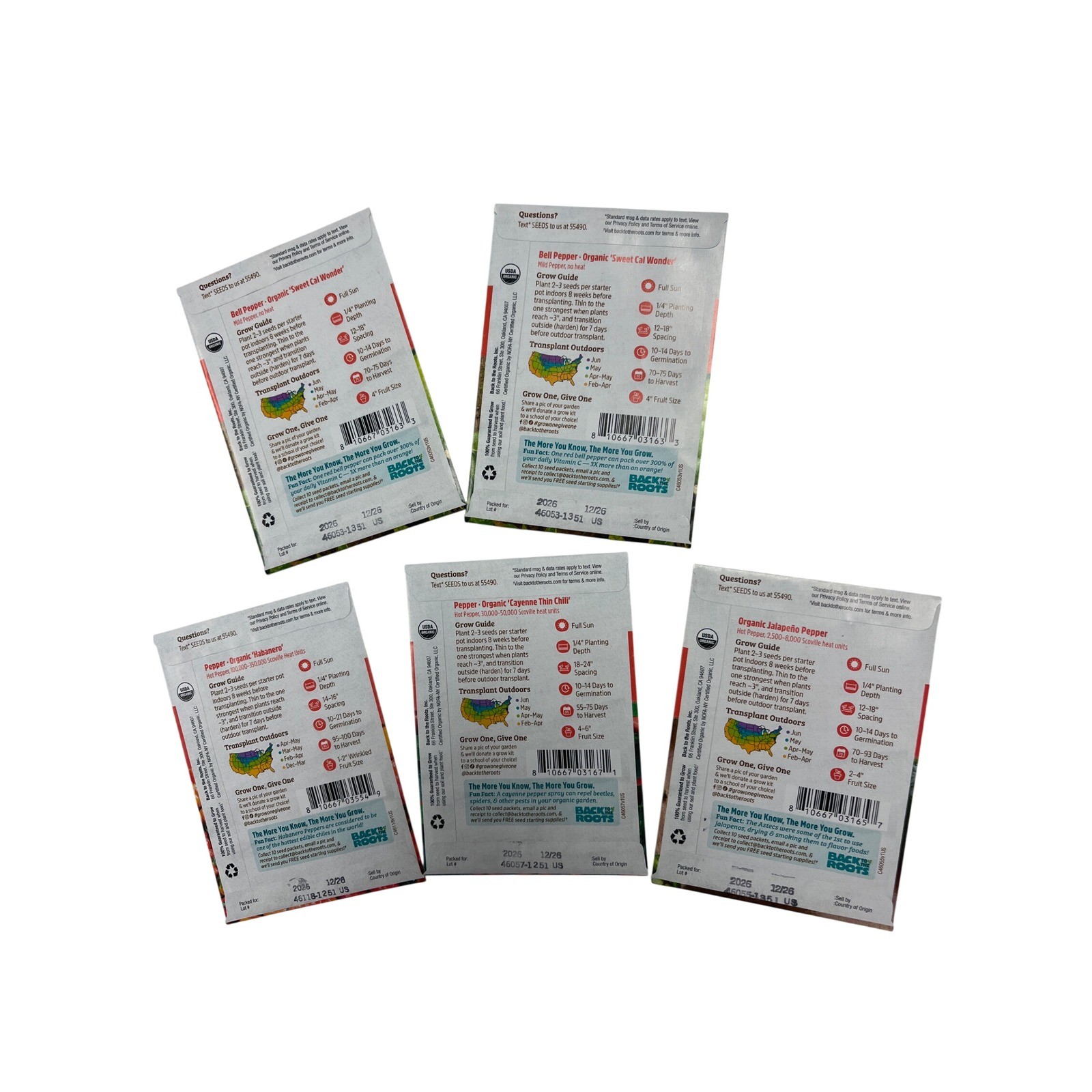 Back to the Roots Pepper Seeds 5 Pk Organic Heirloom Habanero Jalapeno Cayenne