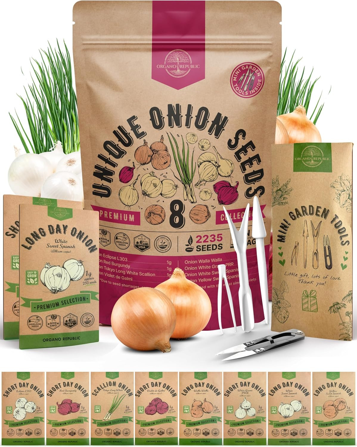 8 Onion Seeds Variety Pack Green, Red, White, Yellow