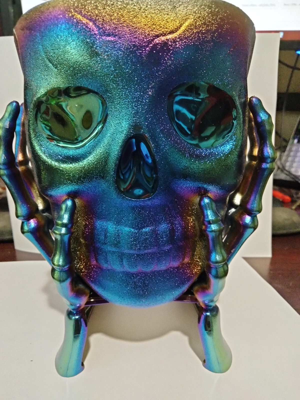 SKULL PLANTER PURPLE, GOLD, BLUE, GREEN, YELLOW HUED PRISM. 6X6X7 APPROX- NEW #3