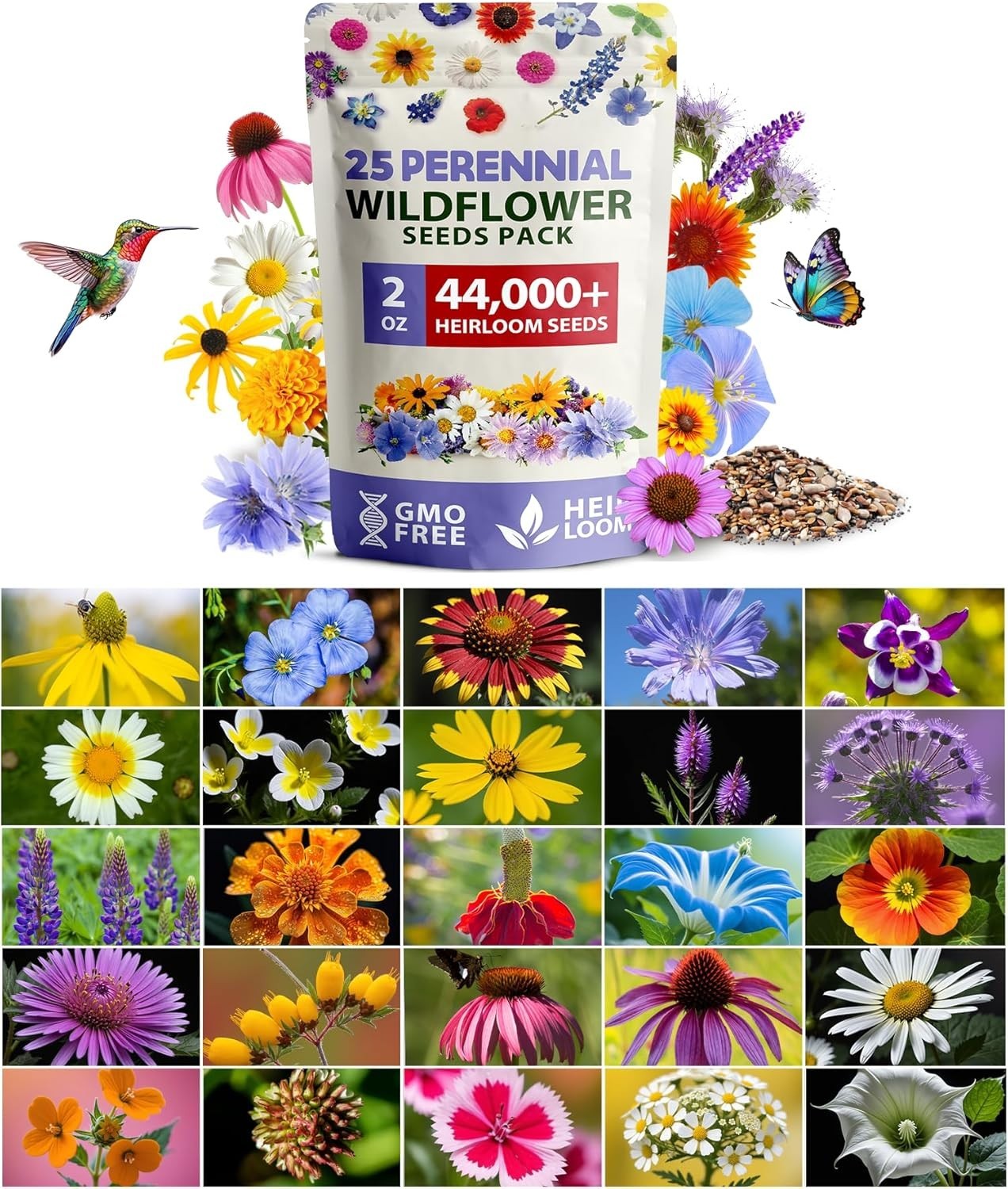 44,000 Seeds – Vibrant Wildflower Mix for Full Sun & Shade – Easy Grow Guide