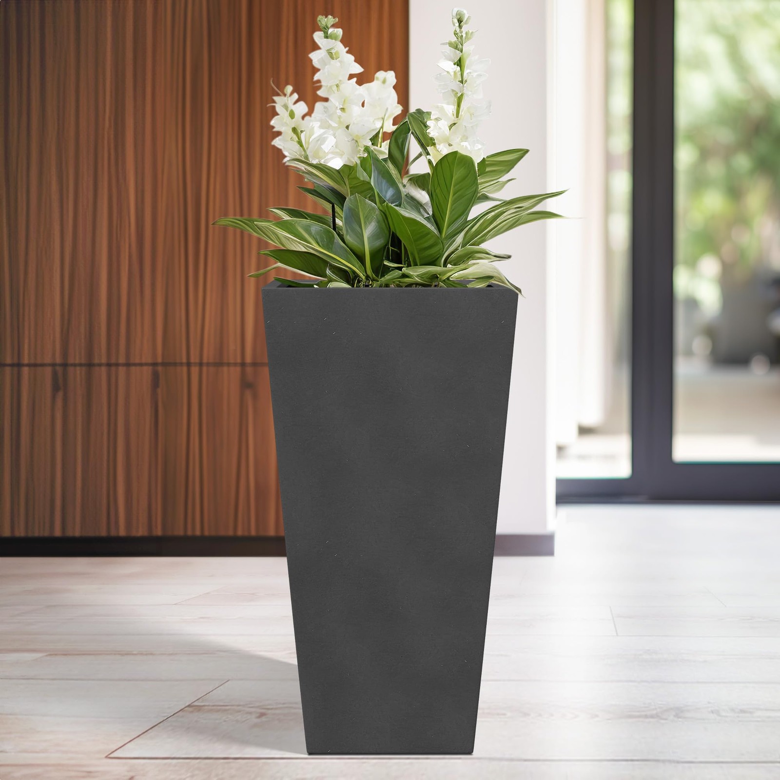 Kante 28 Inch Tall Tapered Concrete Planter, Modern Style Large Plant Pot with D