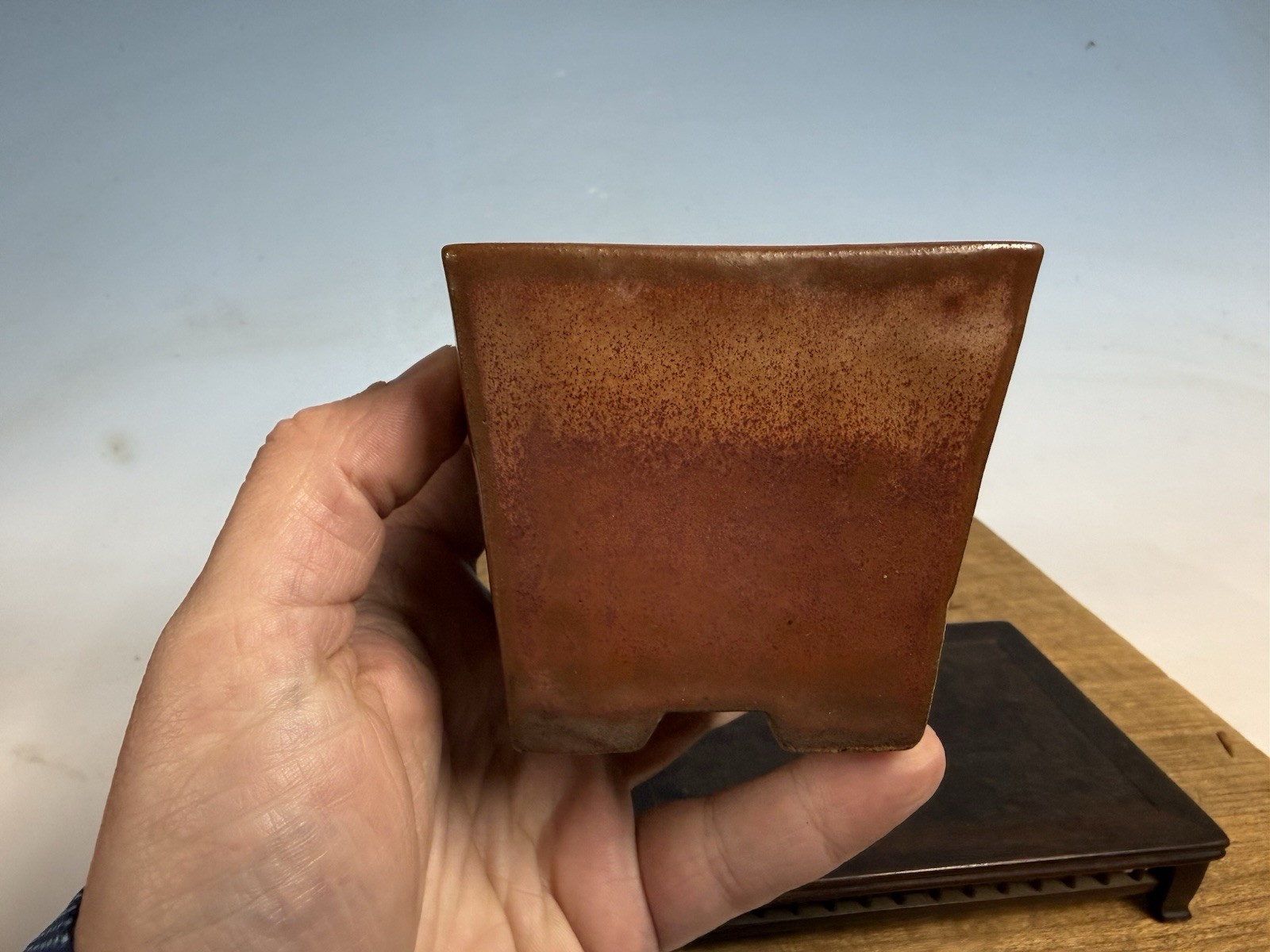Japanese Unknown Maker Shohin Sized Bonsai Tree Pot 3 1/4 By 3” Red Glazed Semi