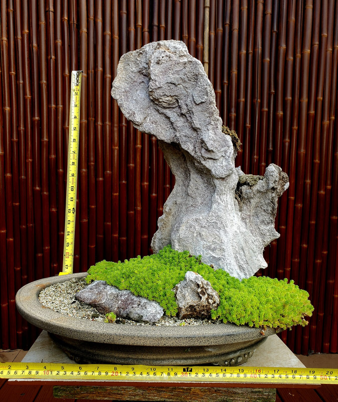 Japanese Suiseki Bonsai Volcanic Rock With Moss Zen Tray 16 in Wide, 14 in Deep