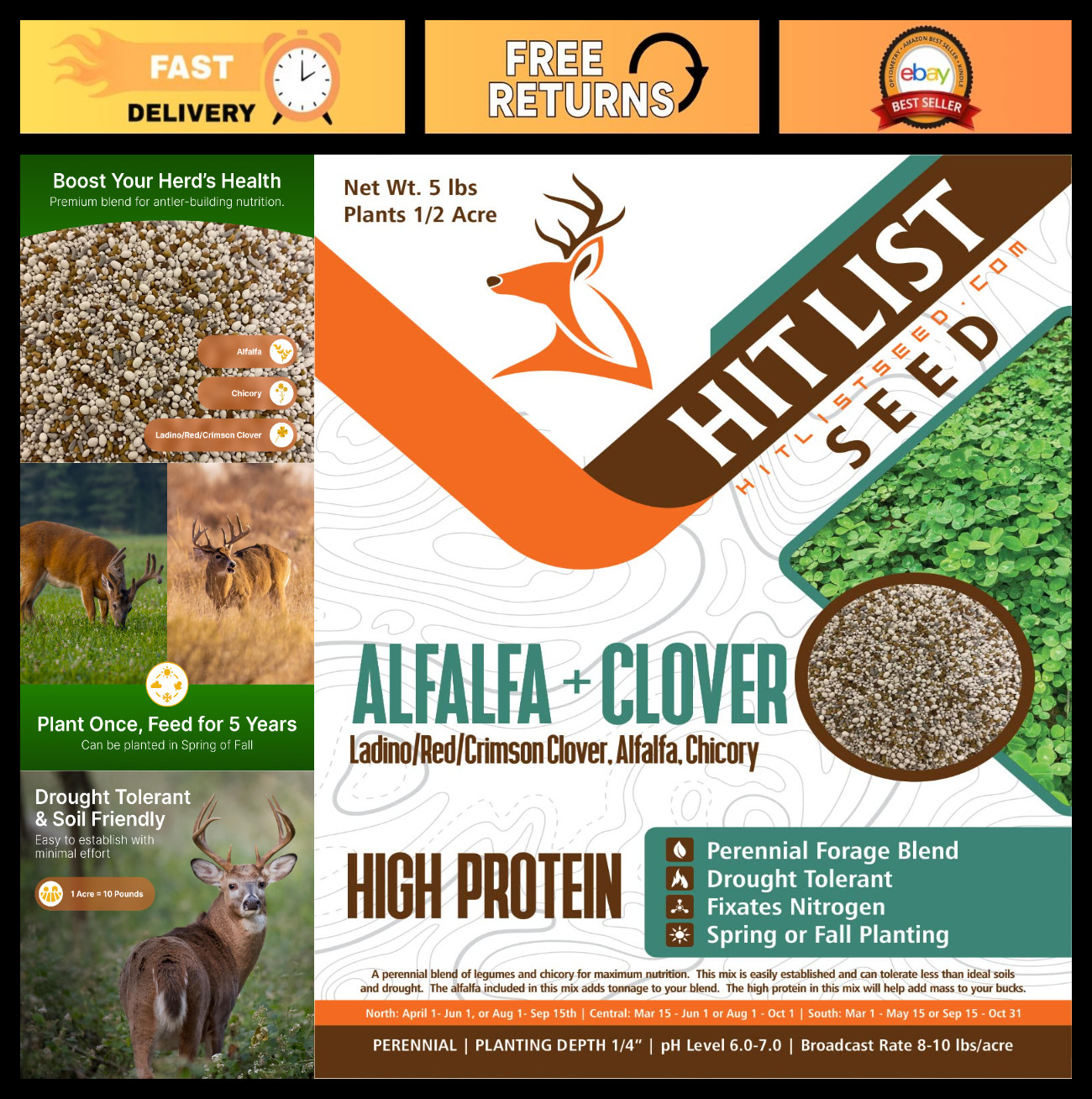 Alfalfa & Clover Food Plot Seeds for Deer – Perennial Mix, 5 lbs – Spring/Fall P