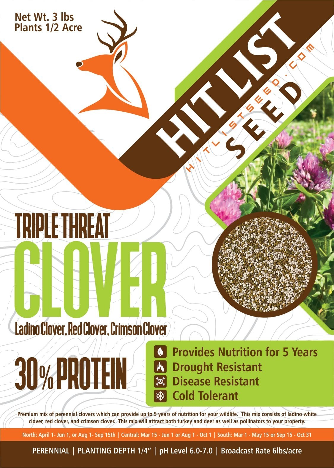 Triple Threat Clover Seeds for Deer – Perennial Food Plot Seed Mix – 3 lbs for Y