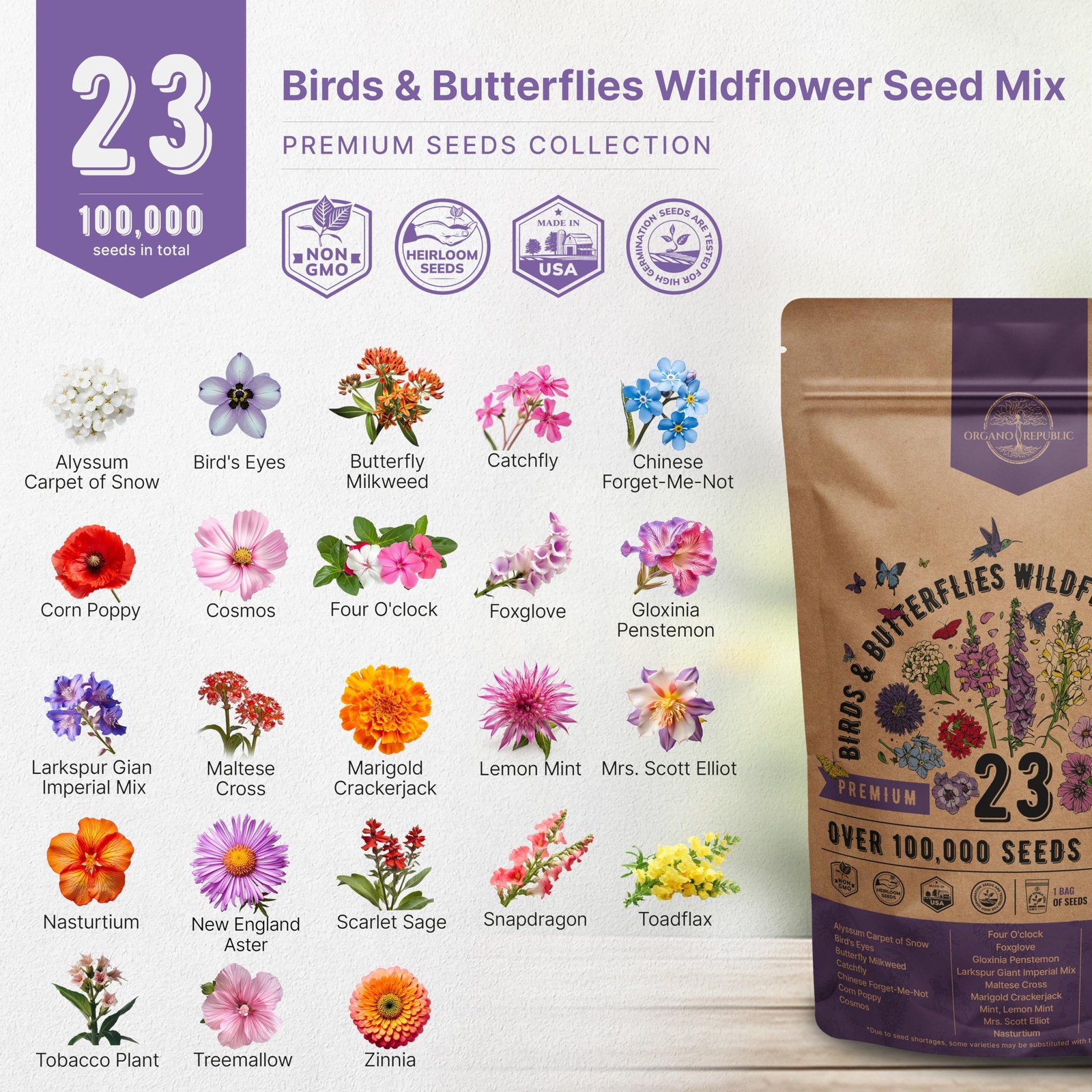Organo Republic 23 23 Annual & Perennial Mix, Red, Orange, Purple, Pink