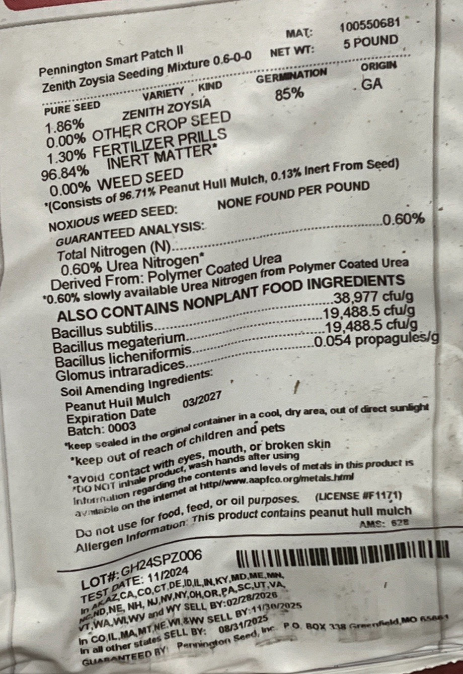PENNINGTON ZENITH ZOYSIA GRASS SEED MIX 100 SQFT 5lb Bag SHIP’S IMMEDIATELY!!
