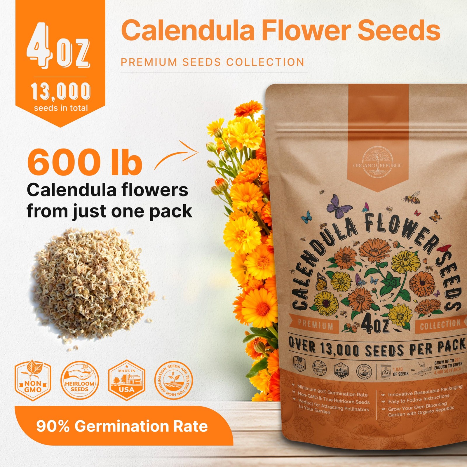 Calendula Seeds Pack 4 oz – Over 13,000 4oz, Orange, Yellow, Red, Green