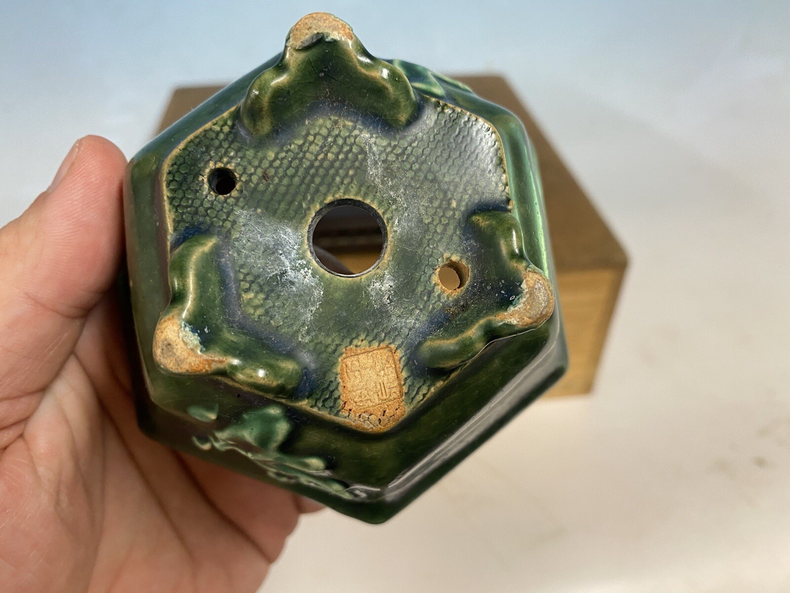 Beautiful Green And Blue Glazed Shohin Size Bonsai Tree Pot Heian Kosen 4 1/2”