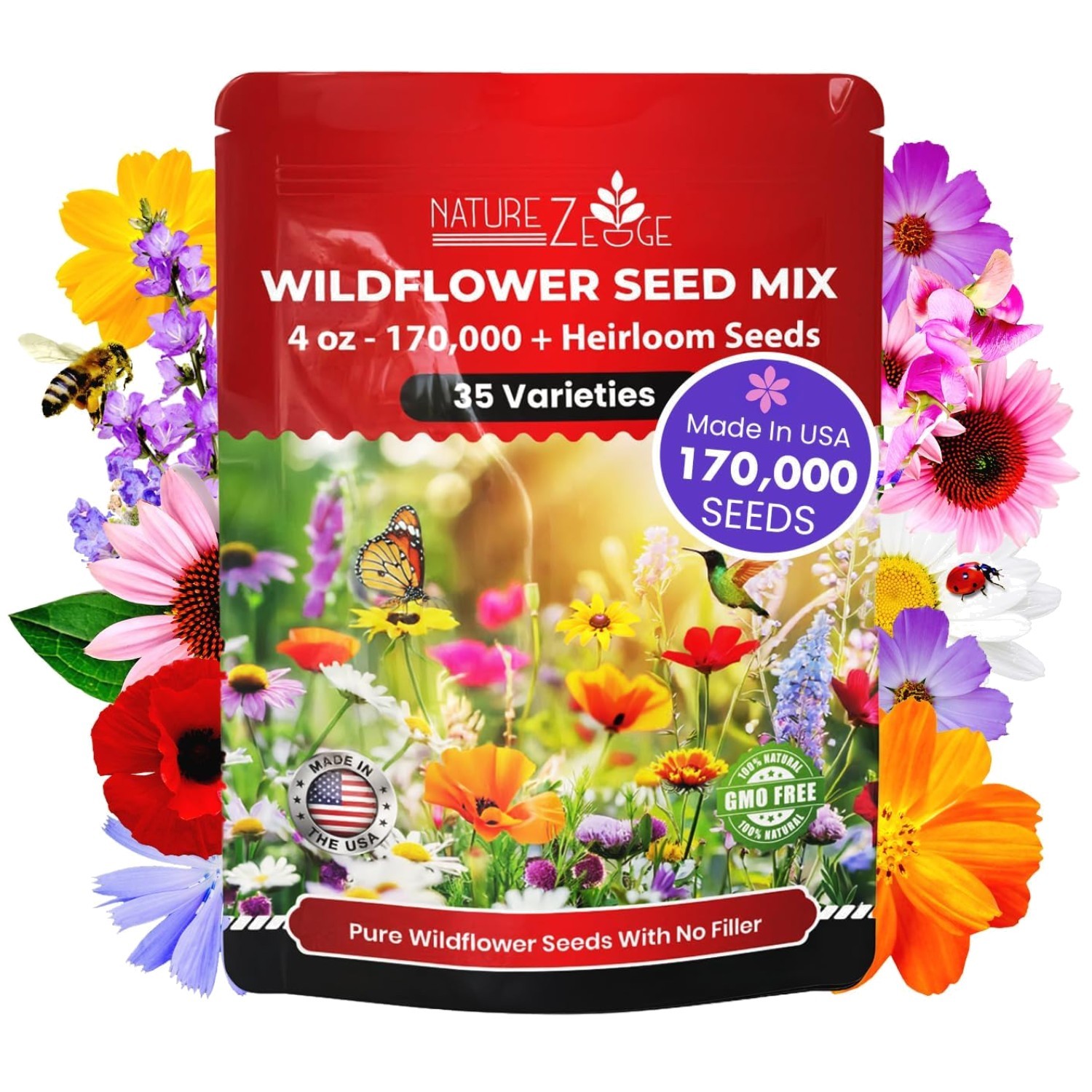 Attracts Pollinators Wildflower Seeds – 1/4 lb, 35 Varieties