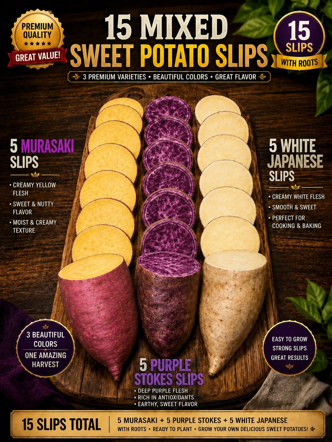 15 Mixed Sweet Potato Slips Murasaki ,Purple Stokes, And White Japanese Rooted