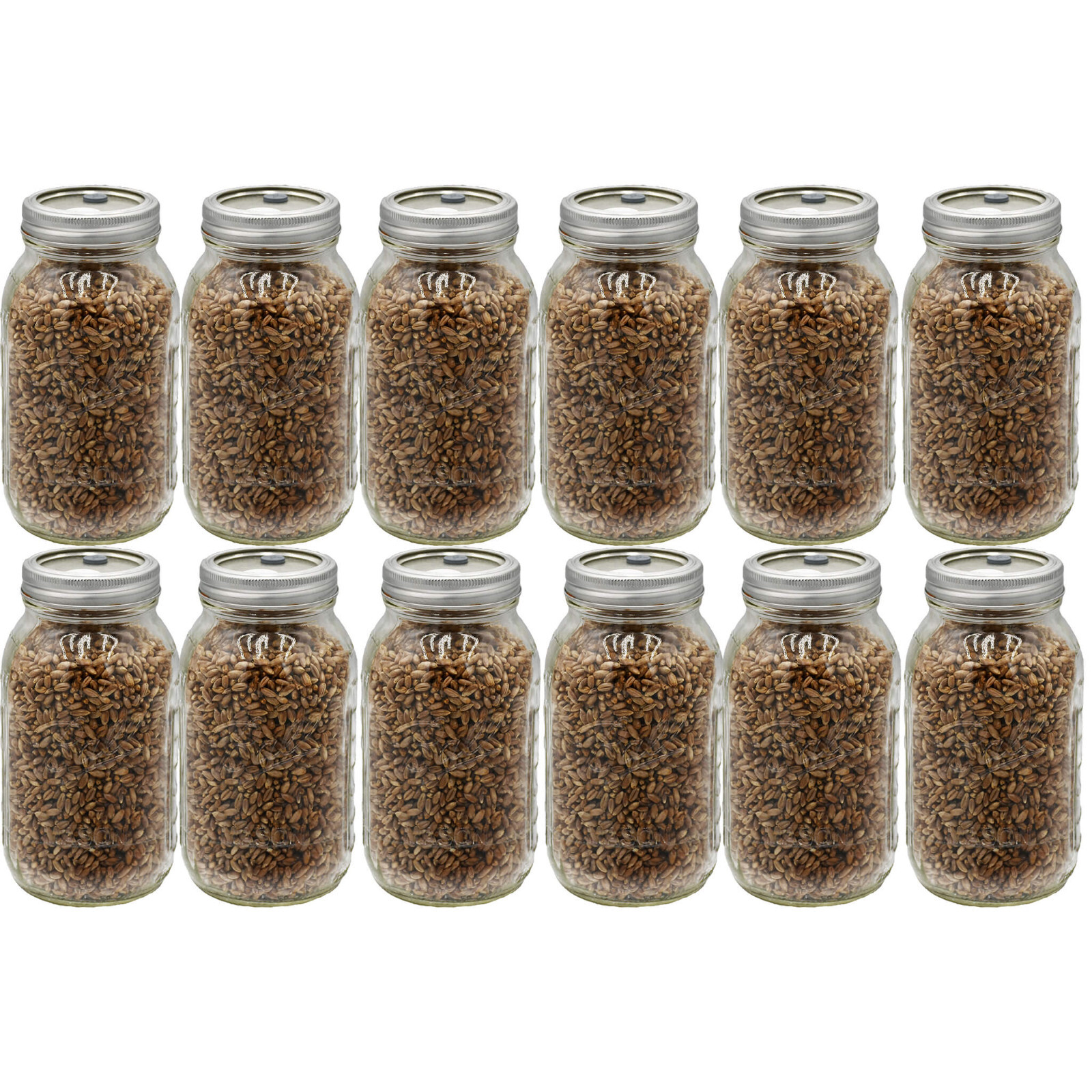 12 Quart Jars of Sterilized Rye Grains with Self Healing Injection Ports