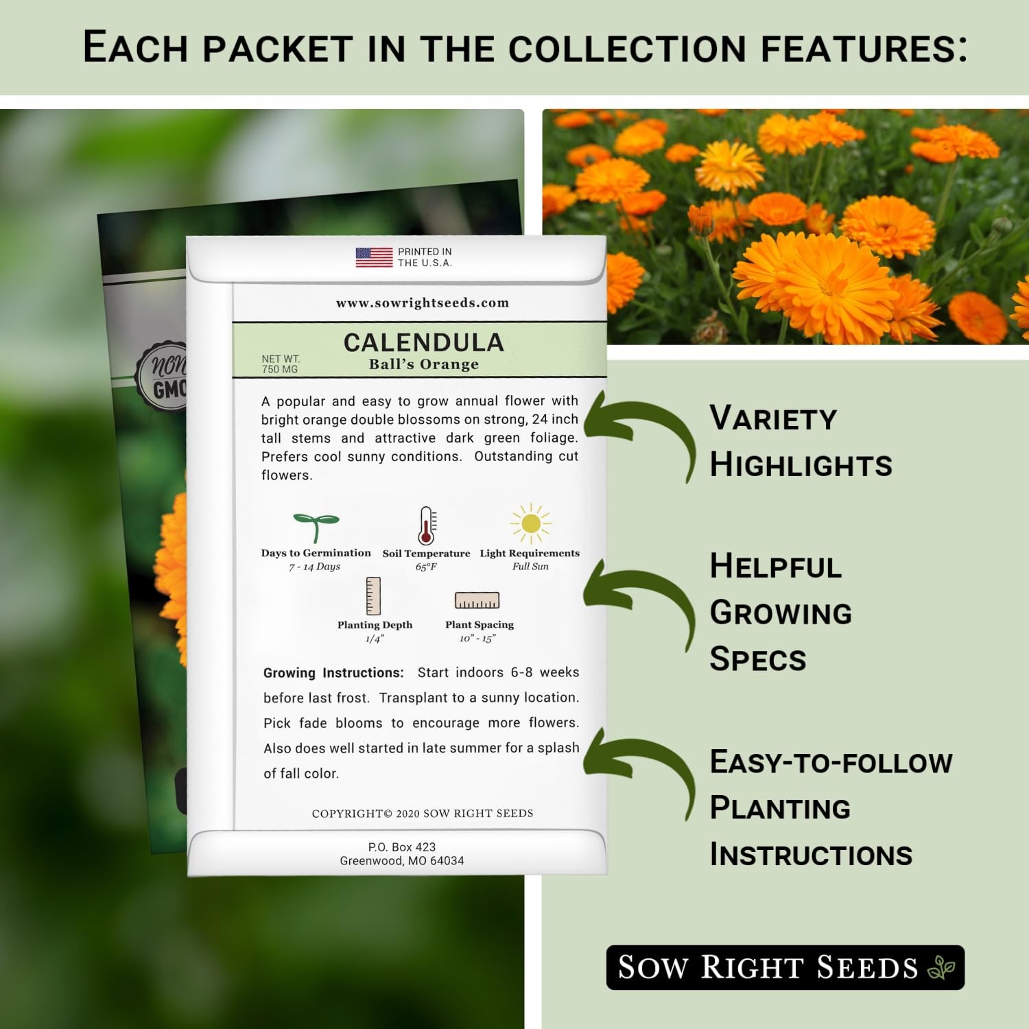 Sow Right Seeds – Calendula Seed Collection for Planting – Non-GMO Mix