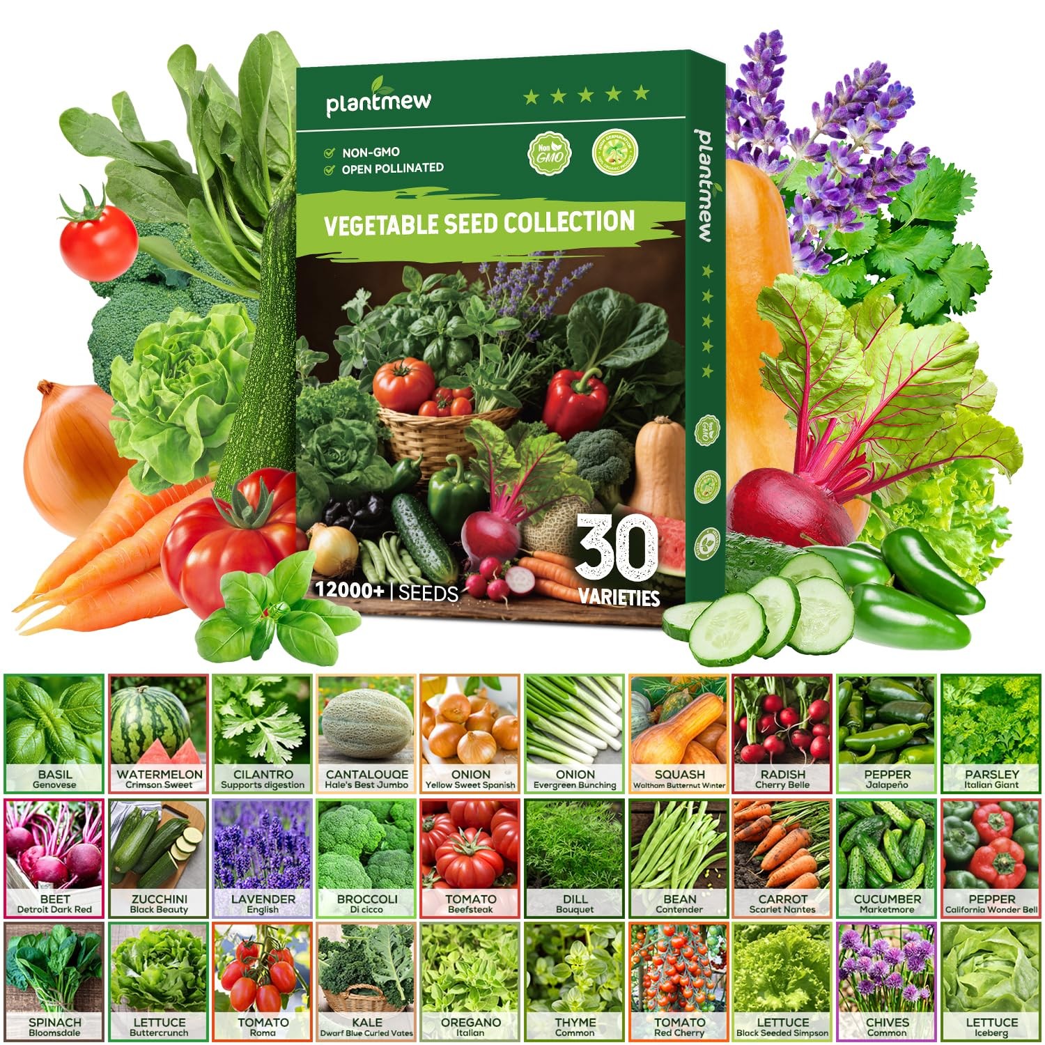 PLANTMEW 30 Heirloom Vegetable Seeds for Planting, 12,000+ Garden 30-Pack