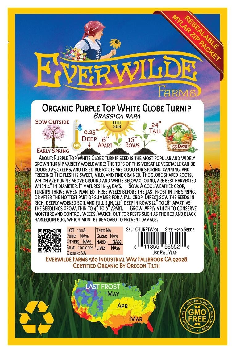 250 Organic Purple Top White Globe Turnip Seeds – Everwilde Farms Mylar Packet