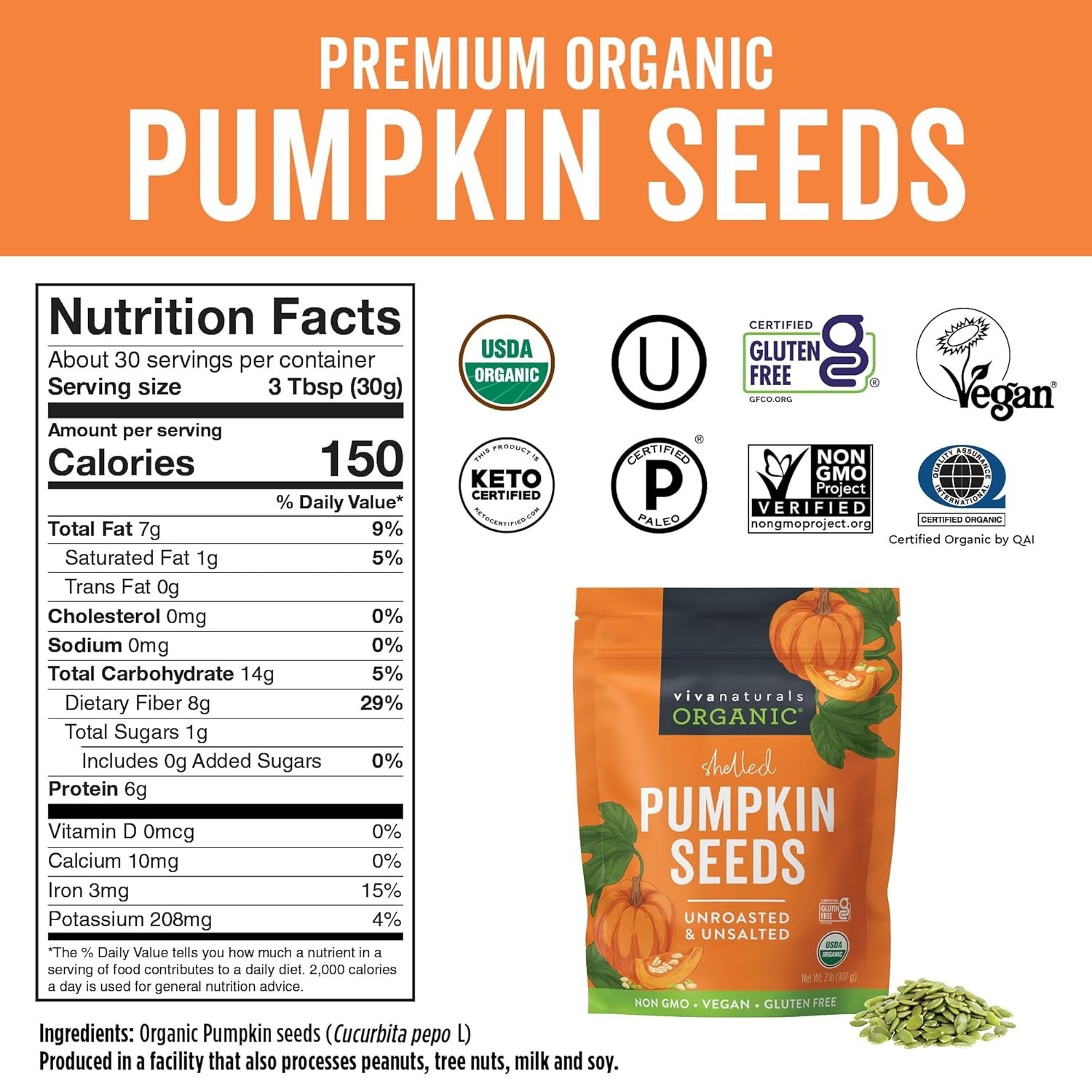 32 oz Shelled Organic Pumpkin Seeds – Iron & Fiber Rich Snack for Health Lovers