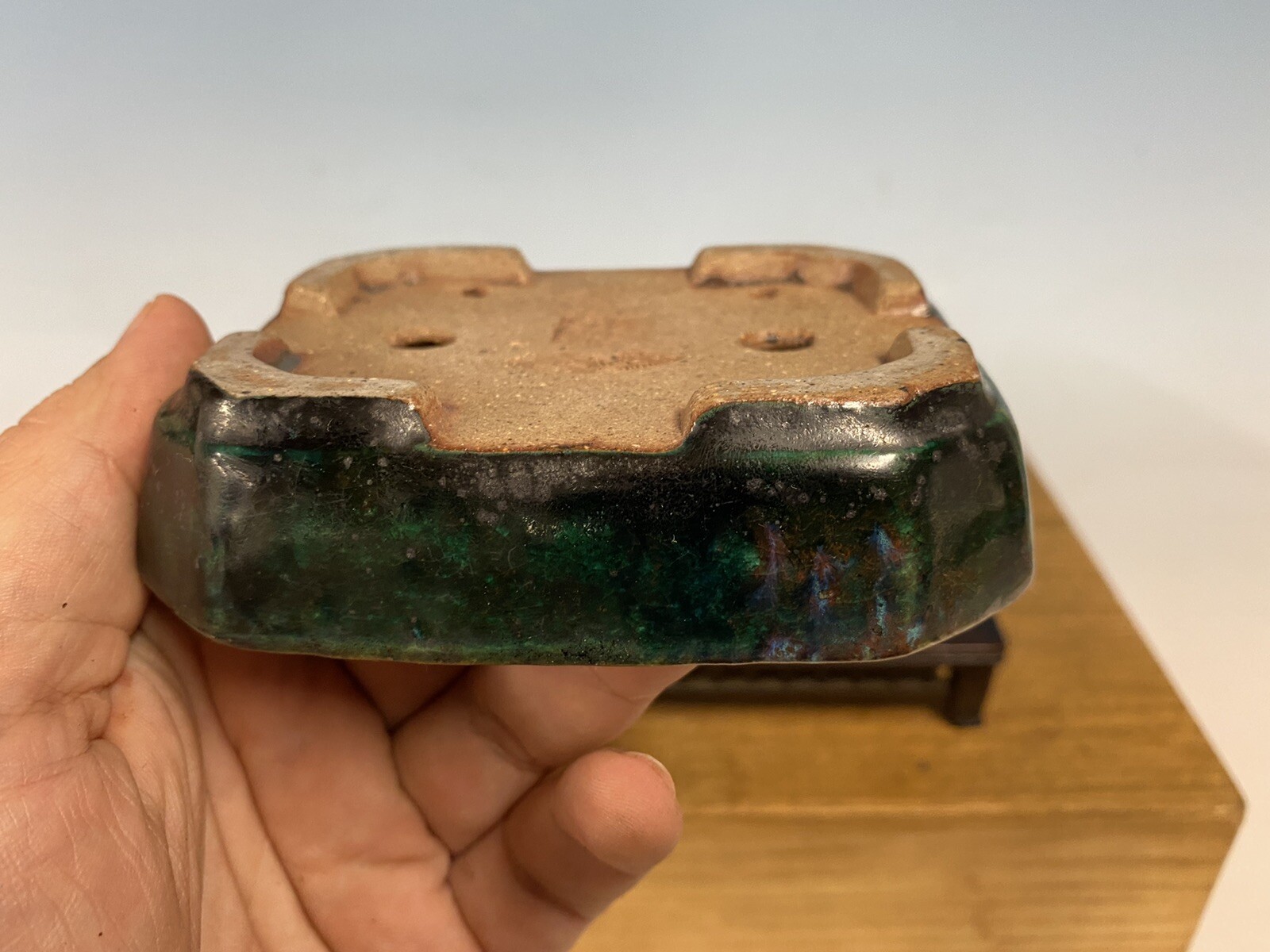 Green And Blue Glazed Shohin Size Tokoname Bonsai Tree Pot Made Koyo 4 3/8”