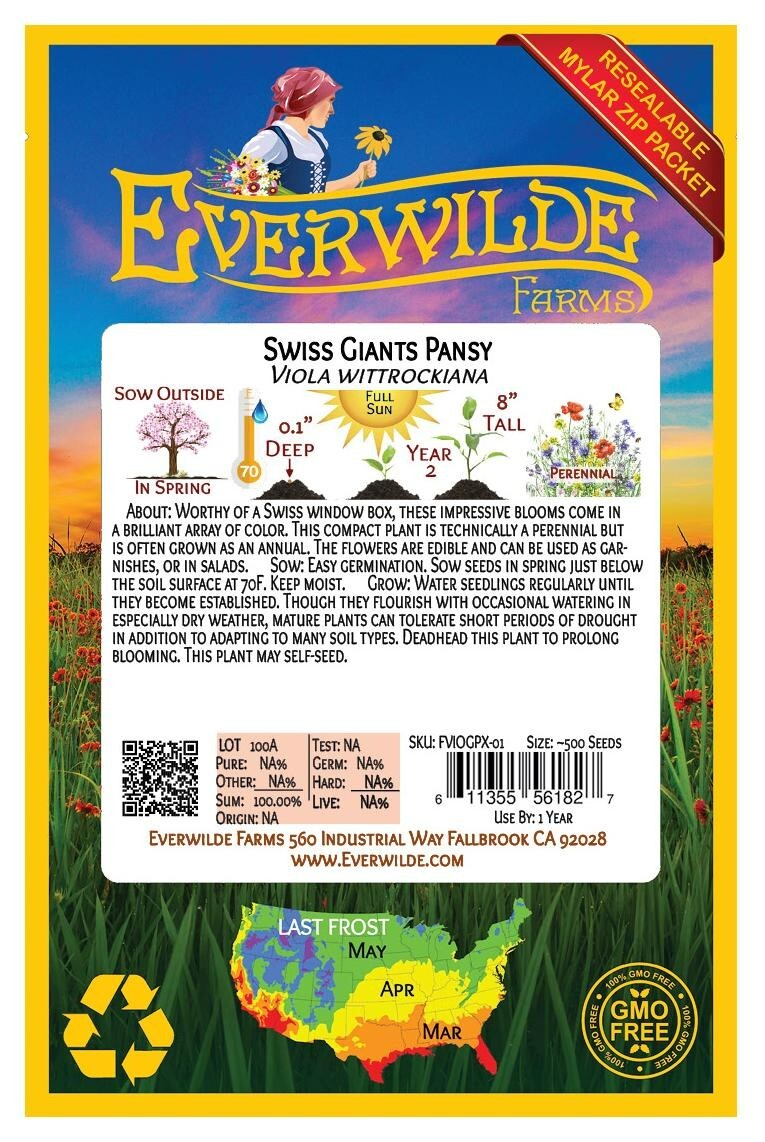 500 Swiss Giants Mixed Pansy Wildflower Seeds – Everwilde Farms Mylar Packet
