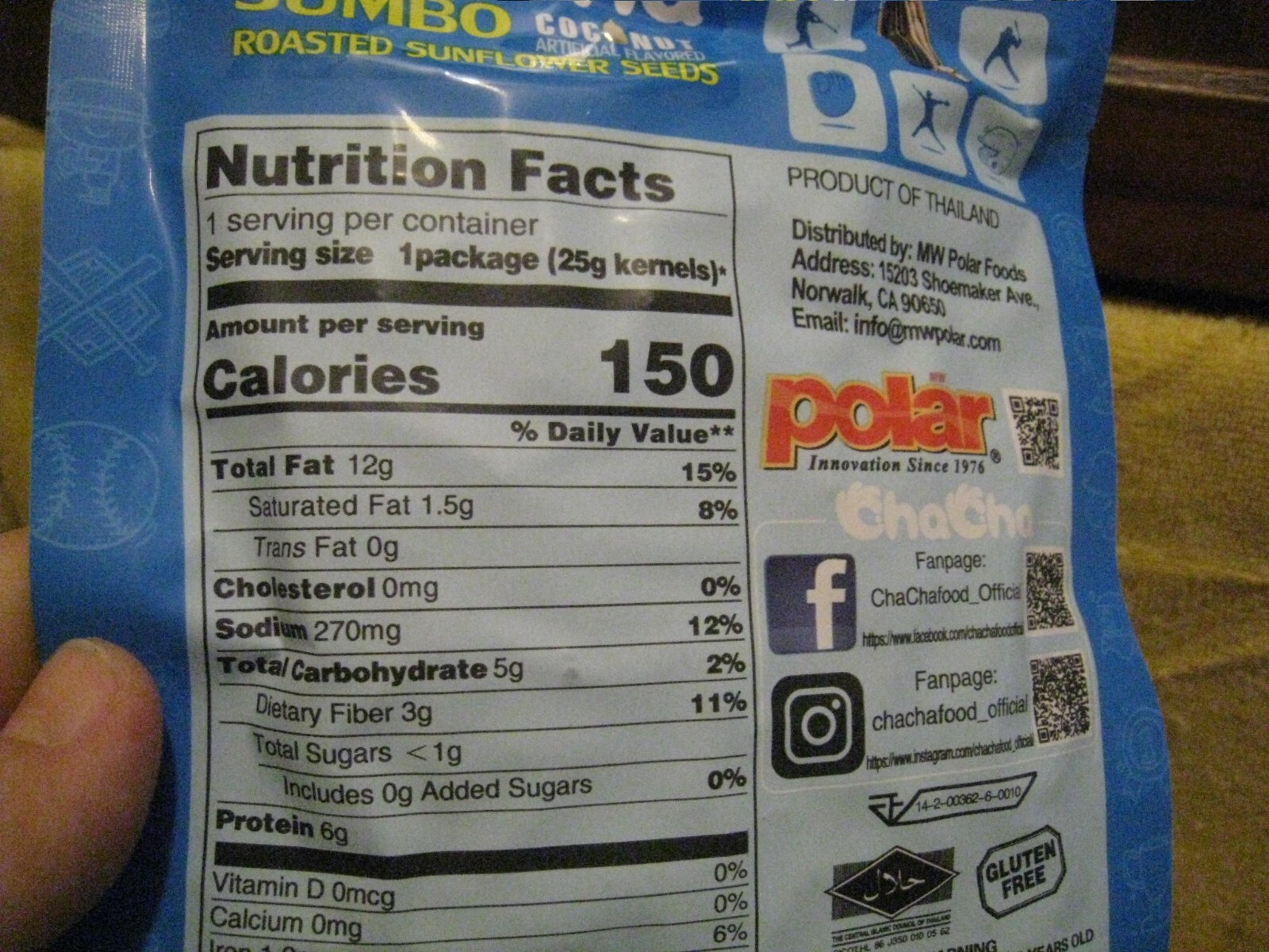 ChaCha Jumbo coconut flavored roasted sunflower seeds Polar Foods 15 packs 2024