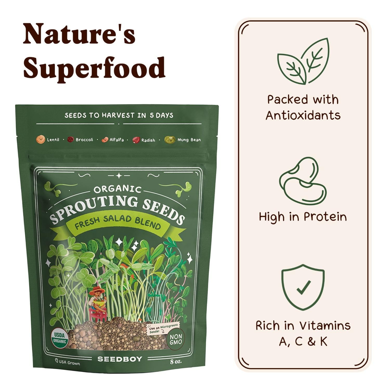 Organic Sprouting Seeds – Salad Blend Variety- Non-GMO, USA Grown Microgreens…