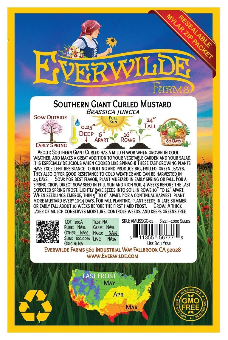 2000 Southern Giant Curled Mustard Seeds – Everwilde Farms Mylar Seed Packet