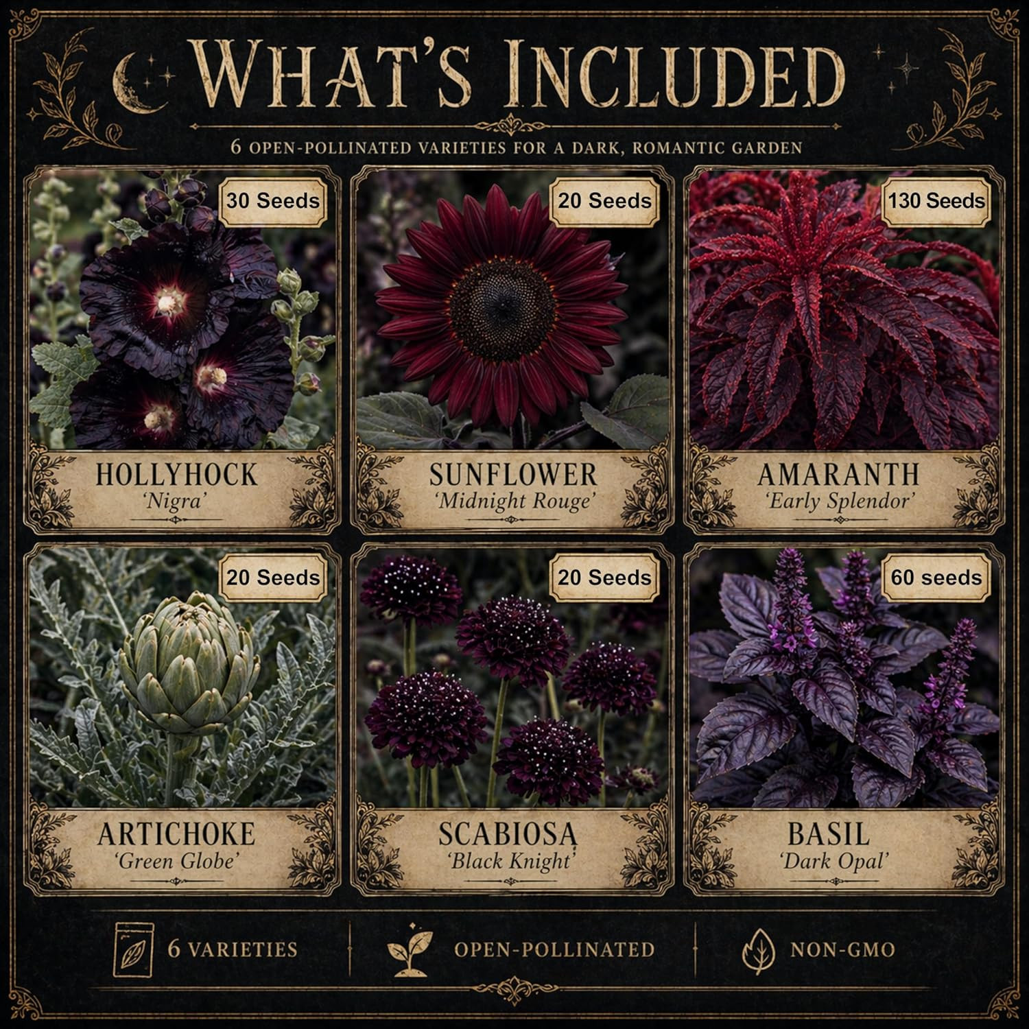 Ravens Hollow Garden Gothic Garden Seed Collection, 6 Open-Pollinated Flower & F