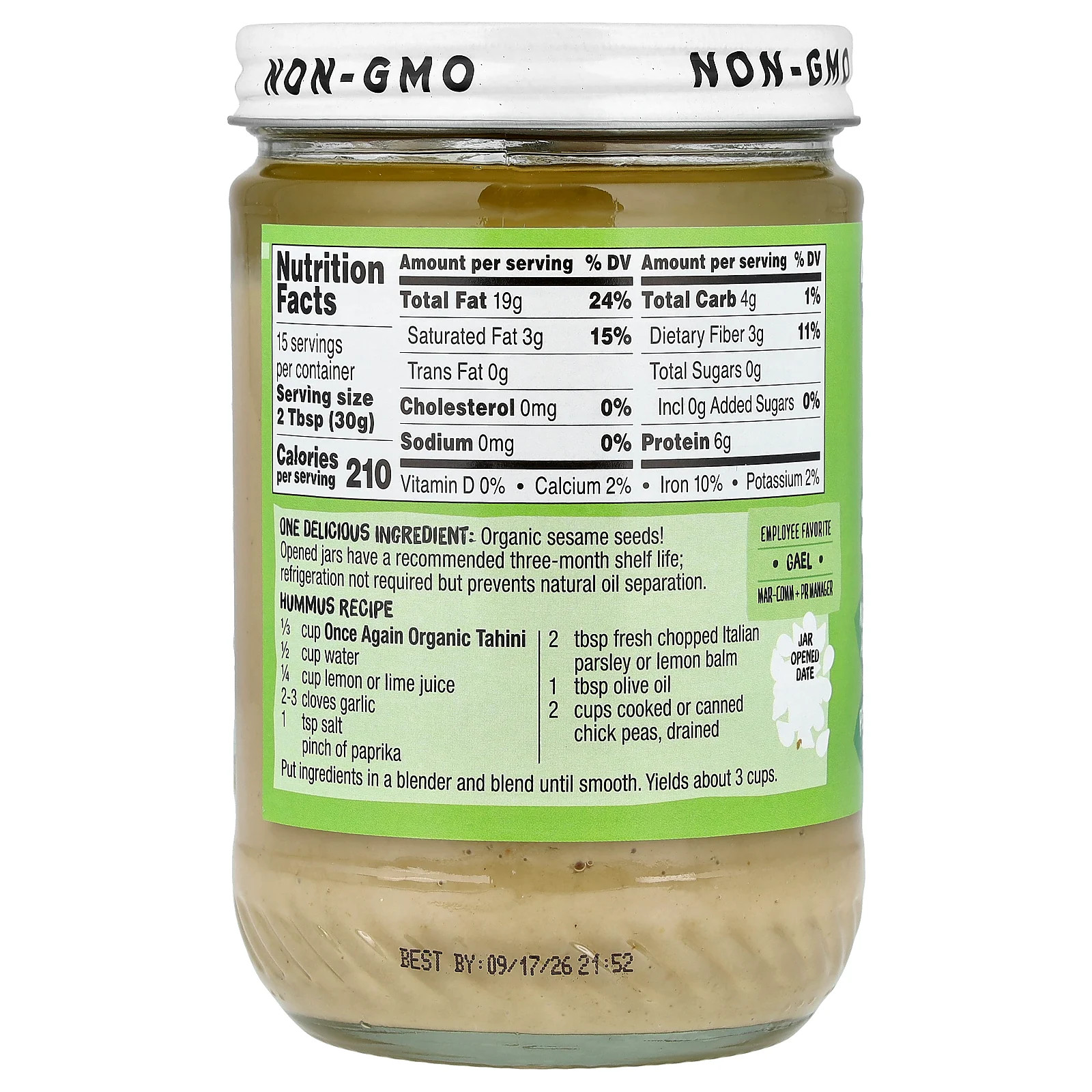 Tahini, Only Sesame Seeds, Creamy, Unsweetened, 16 oz (454 g)