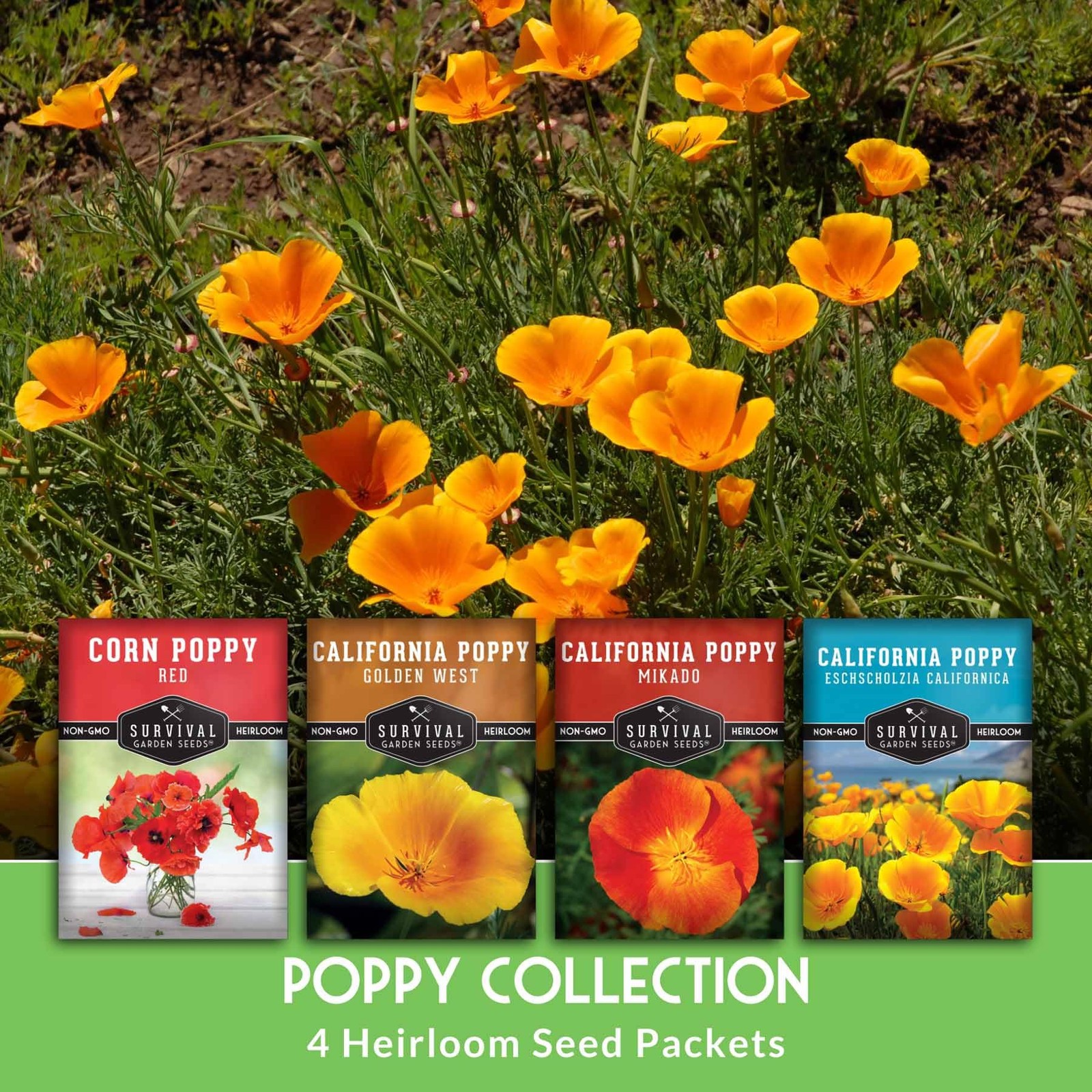 Poppy Seeds 4 Variety Pack Non-GMO Heirloom – Includes Red Corn Poppy